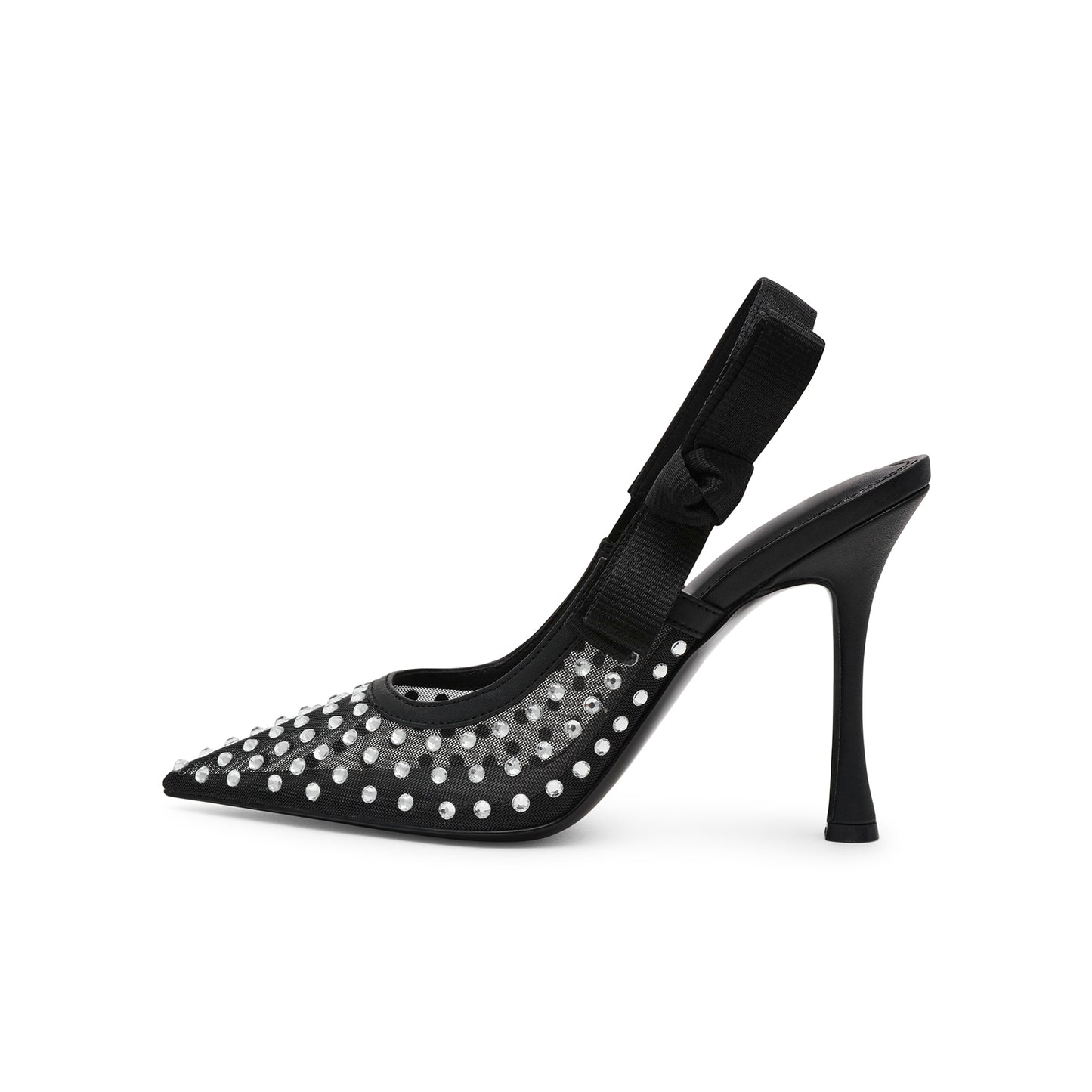 Black Mesh Rhinestones Pointed-Toe Slingback With Bow High Heels Pumps