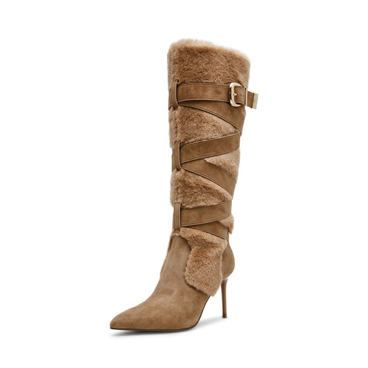 Tan Faux Suede Contrast Plush Pointed-Toe Full-Zip Buckle Knee High Stiletto Boots