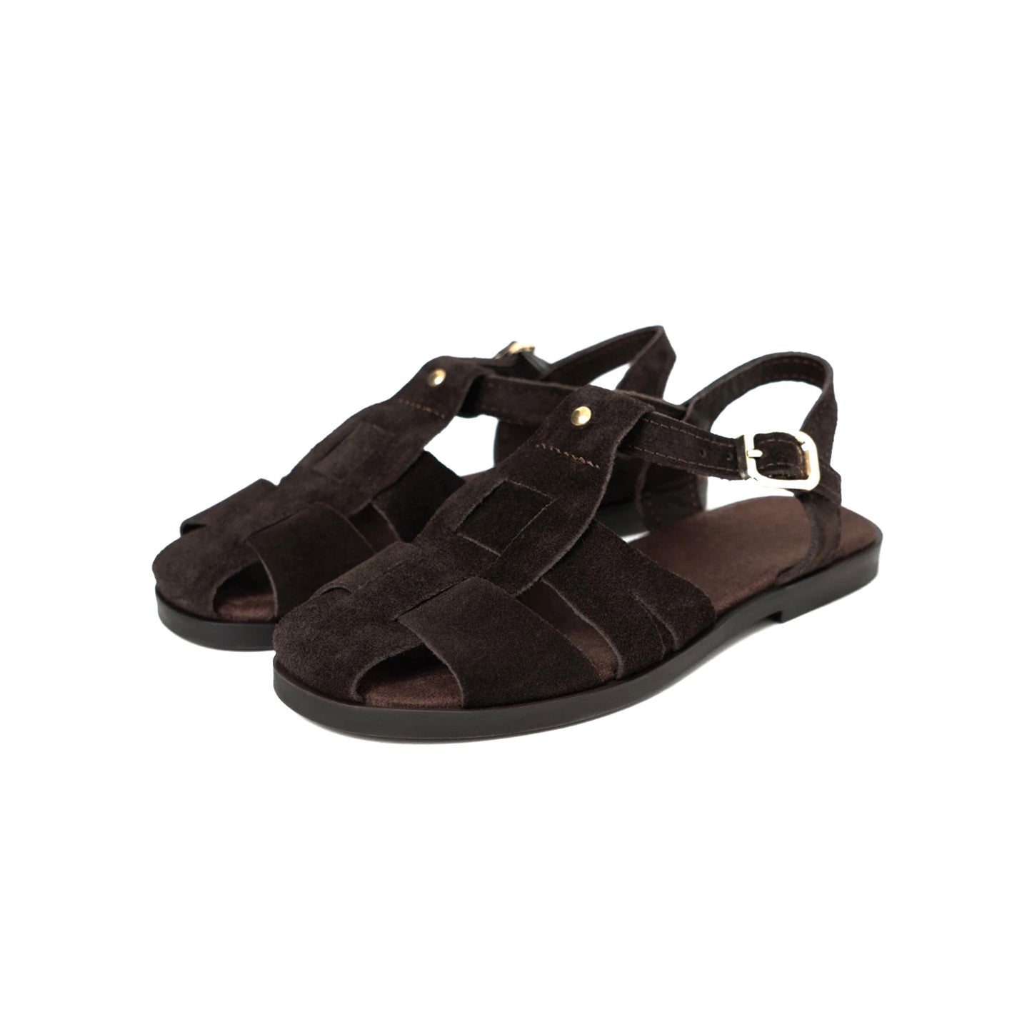 Coffee Cow Suede Round-Toe Caged Detail Buckle Sandals Flats