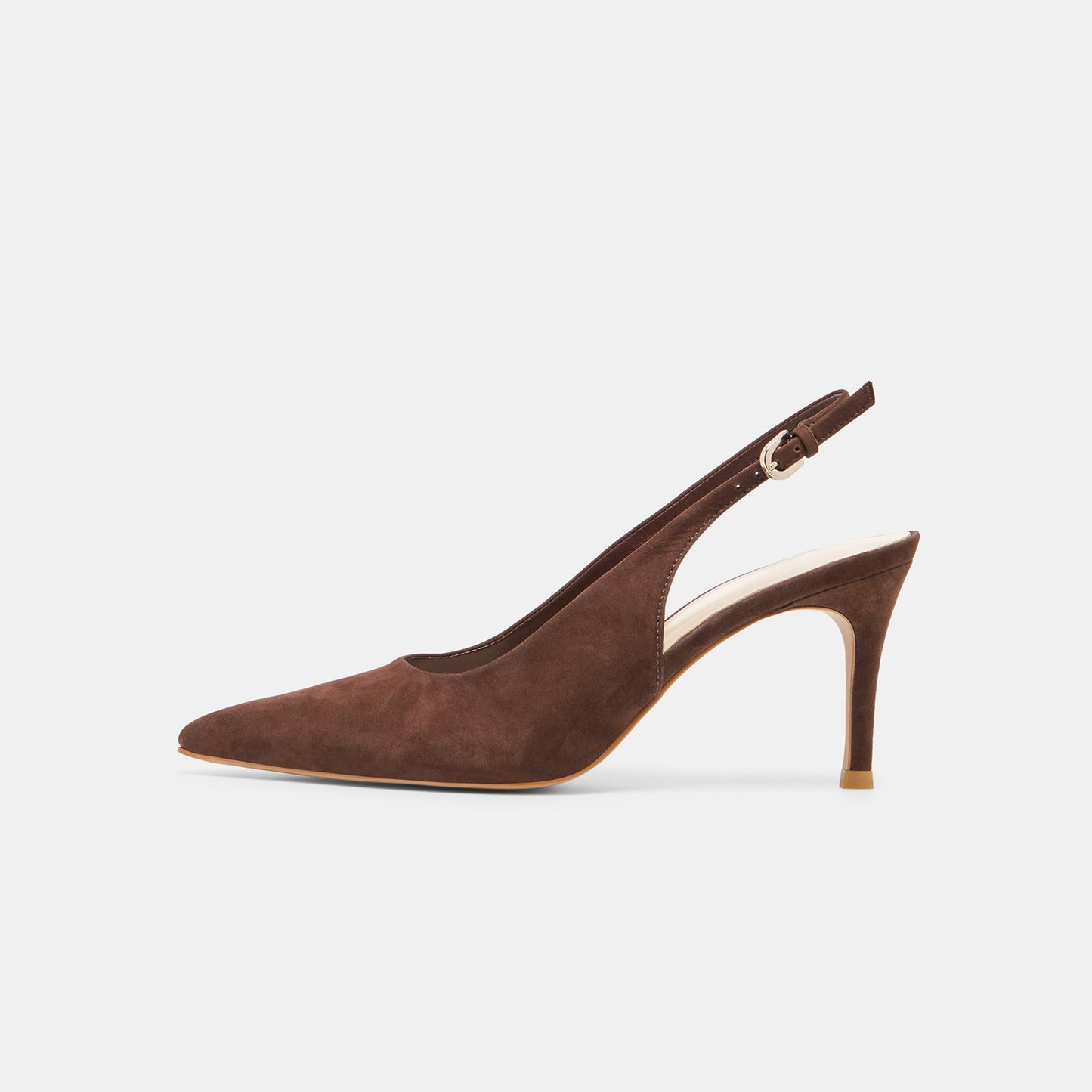 Dark Brown Faux Suede Classic Pointed-Toe Buckle Slingback Kitten Heels