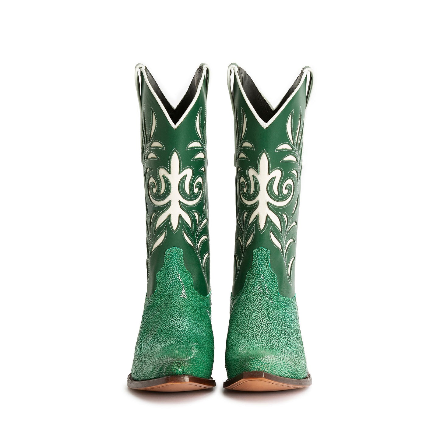 Contrast Green And Green Lizard Print Pointed-Toe Inlays Mid Calf Cowgirl Boots