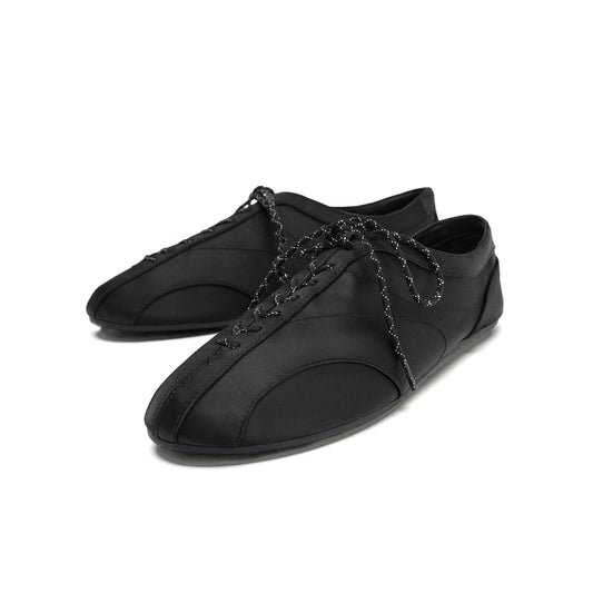 Black Satin Round-Toe Lace-Up Chic Ballet Flats