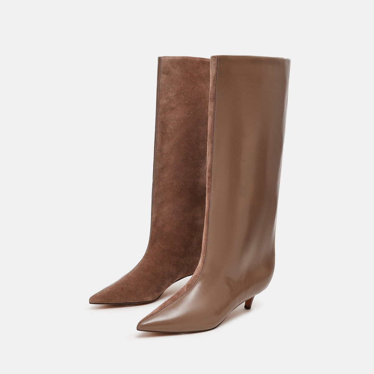 Taupe Faux Suede And Vegan Leather Pointed-Toe Wide Calf Knee High Stiletto Boots