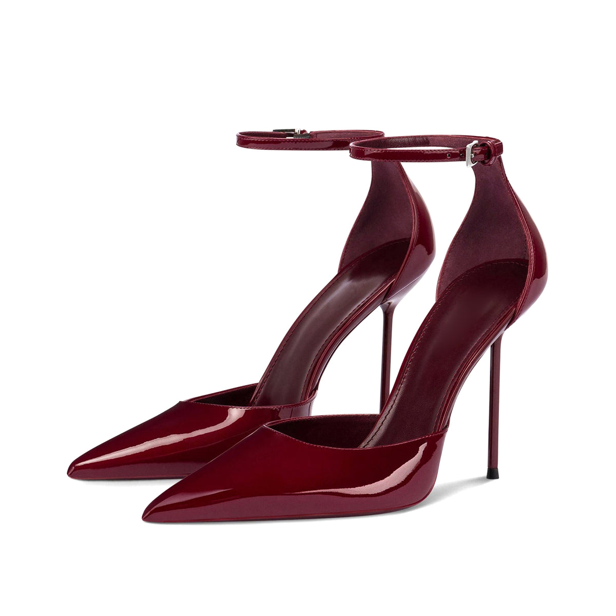 Patent Burgundy Pointed-Toe Buckle Ankle Strap High Heels Pumps