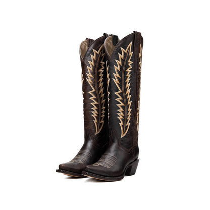 Dark Brown Snip-Toe Embroidery Wide Calf Knee High Cowgirl Boots