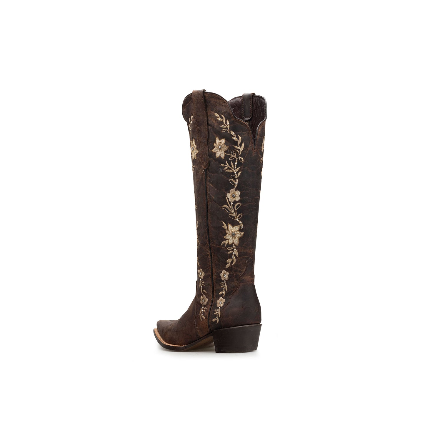 Distressed Coffee Snip-Toe Flower Embroidery Rhinestone Studs Wide Calf Knee High Cowgirl Boots