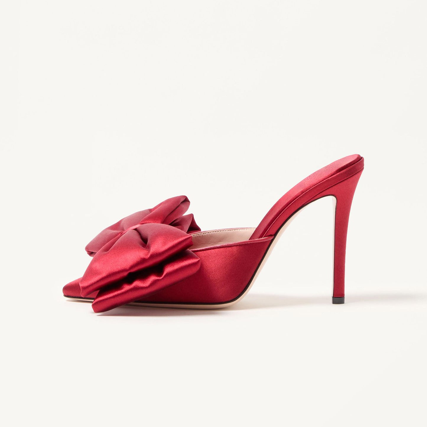 Red Satin Pointed-Toe Big Front Bow Backless Mule High Heels
