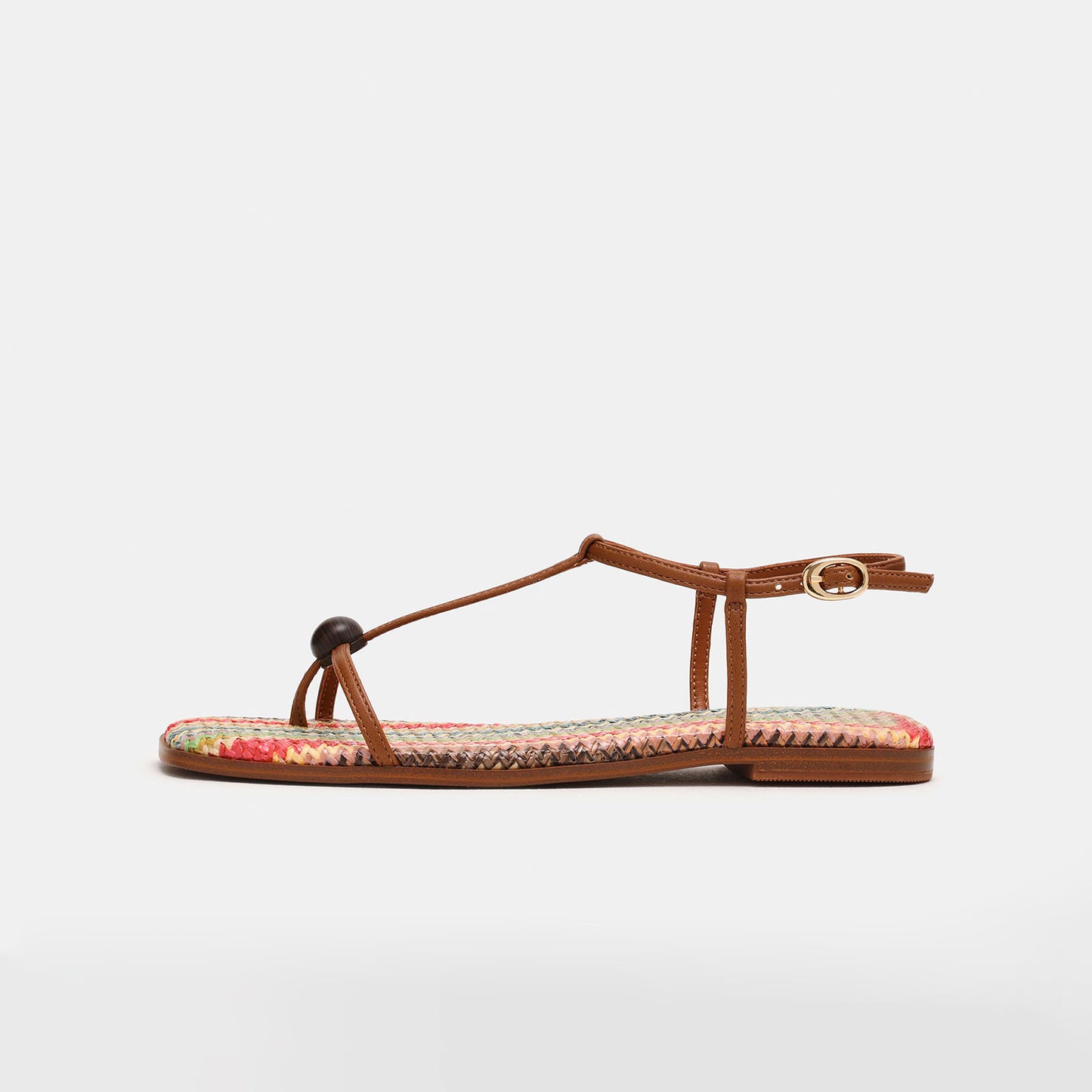 Brown And Multi-Color Square-Toe Strappy Ankle Strap Sandals Flats