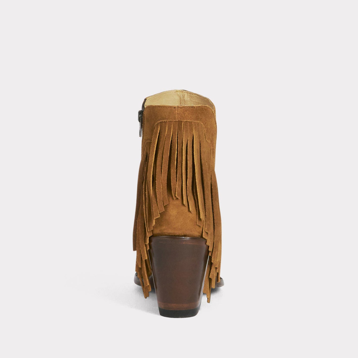 Cognac Faux Suede Round-Toe Side Fringe Half-Zip Simple Ankle Cowgirl Boots