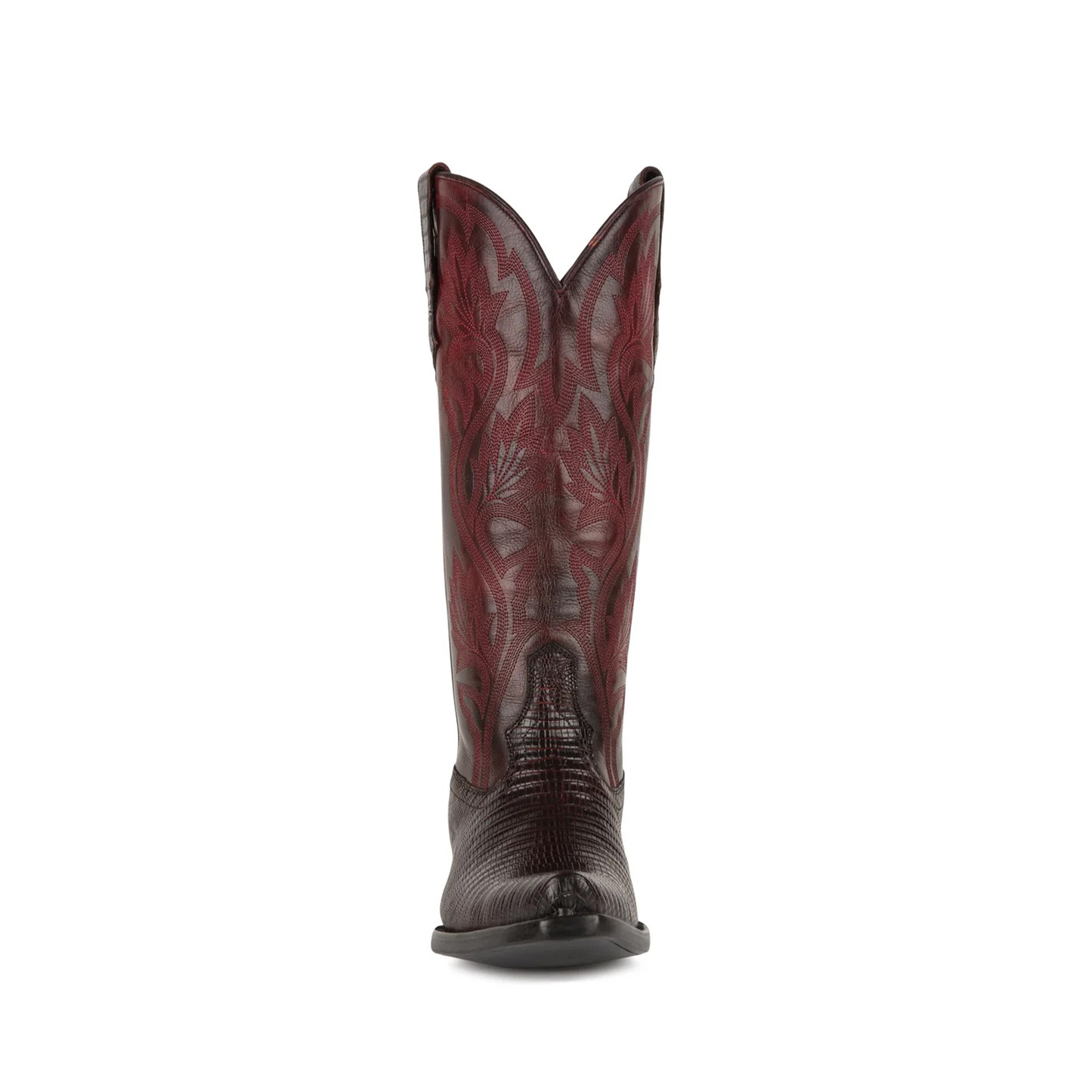 Cherry Contrast Vegan Leather And Lizard Print Snip-Toe Embroidery Mid Calf Cowgirl Boots