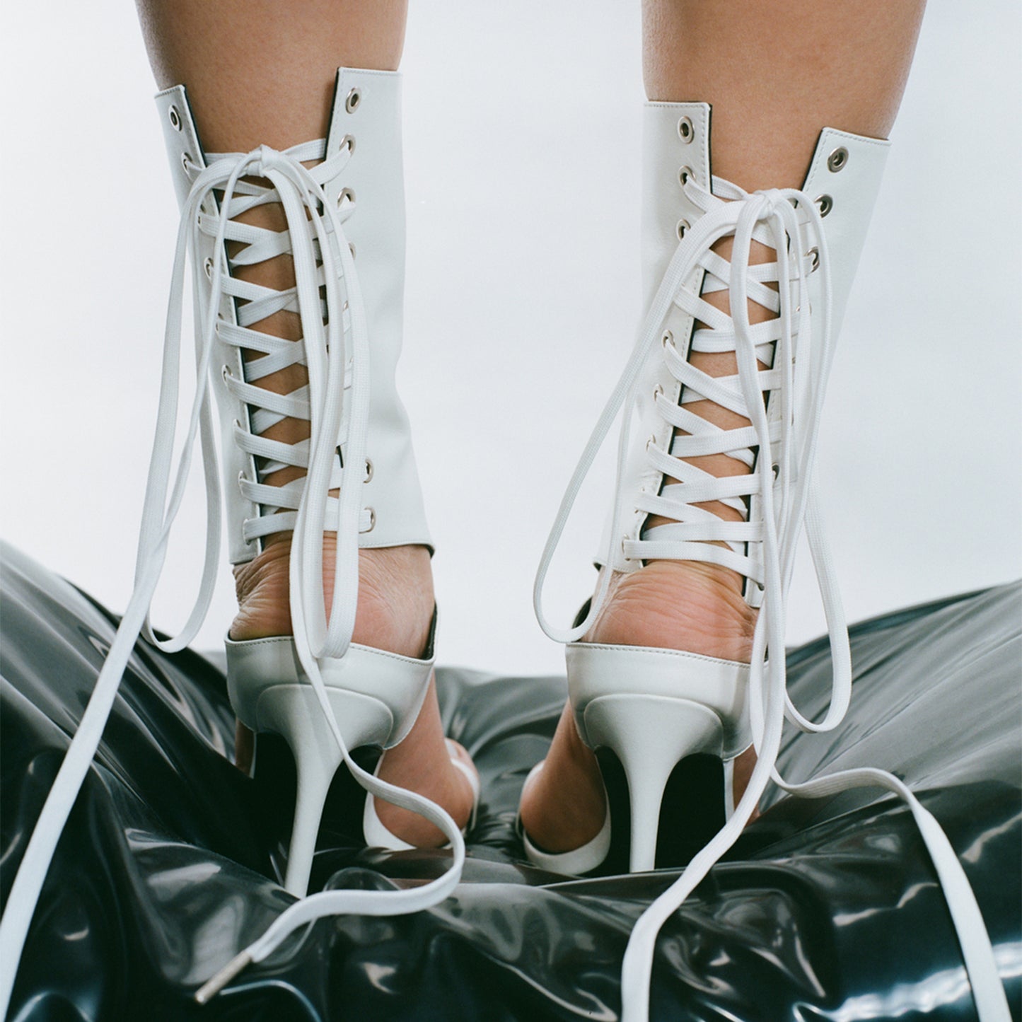 White Open Round-Toe Back Lace-Up Shaft Stiletto High Heels