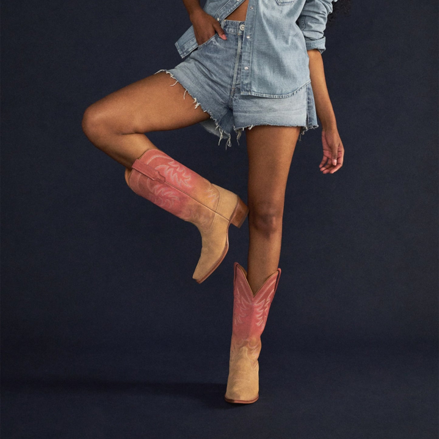 Gradient Faux Suede Snip-Toe Classic Embroidery Mid Calf Cowgirl Boots