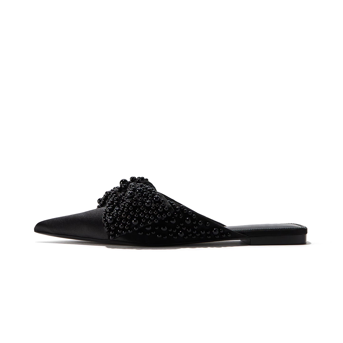 Black Satin Pointed-Toe Front Studded Bow Slip-On Flats