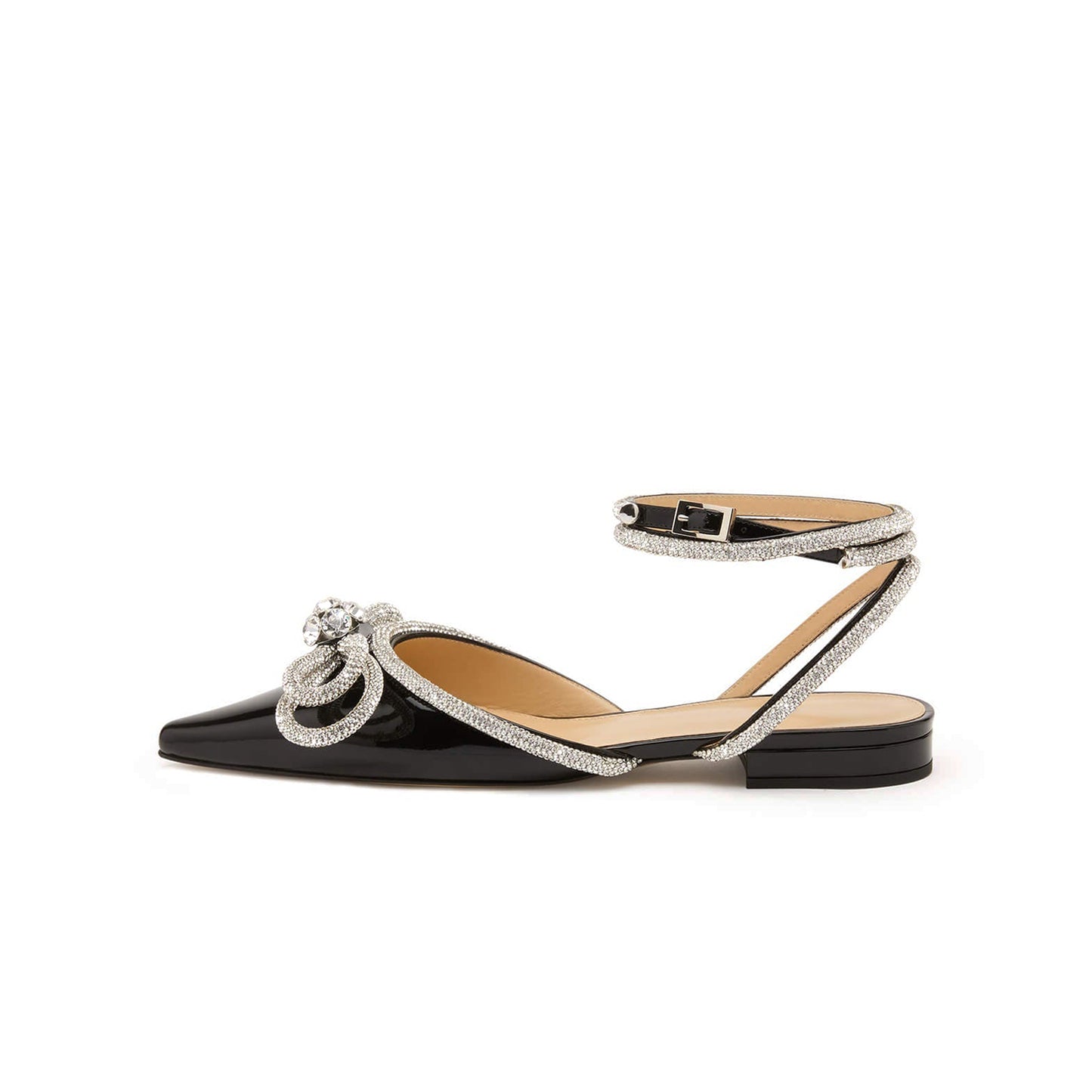 Patent Black Pointed-Toe Glitter Double Bow With Rhinestones Ankle Strap Flats