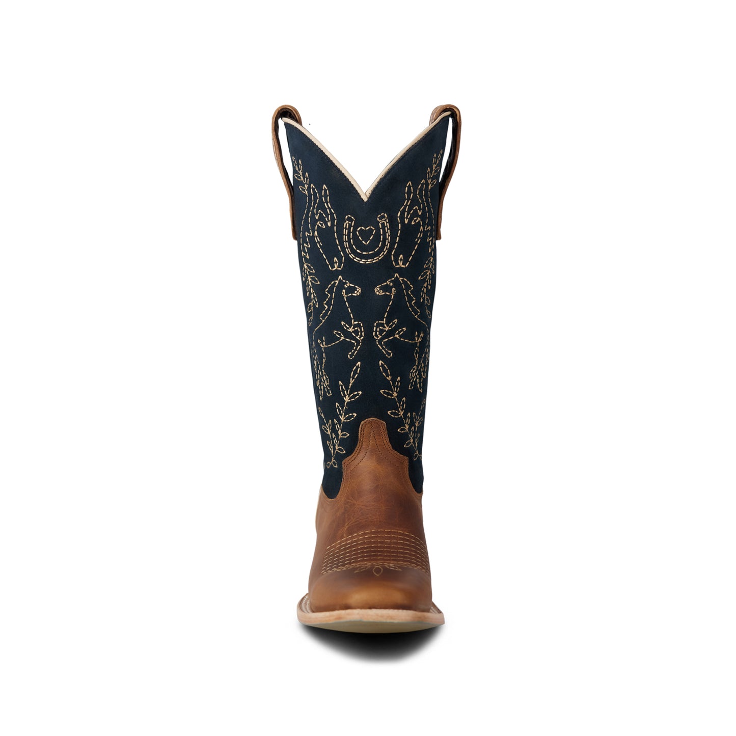 Contrast Navy And Brown Square-Toe Western Embroidery Mid Calf Cowgirl Boots
