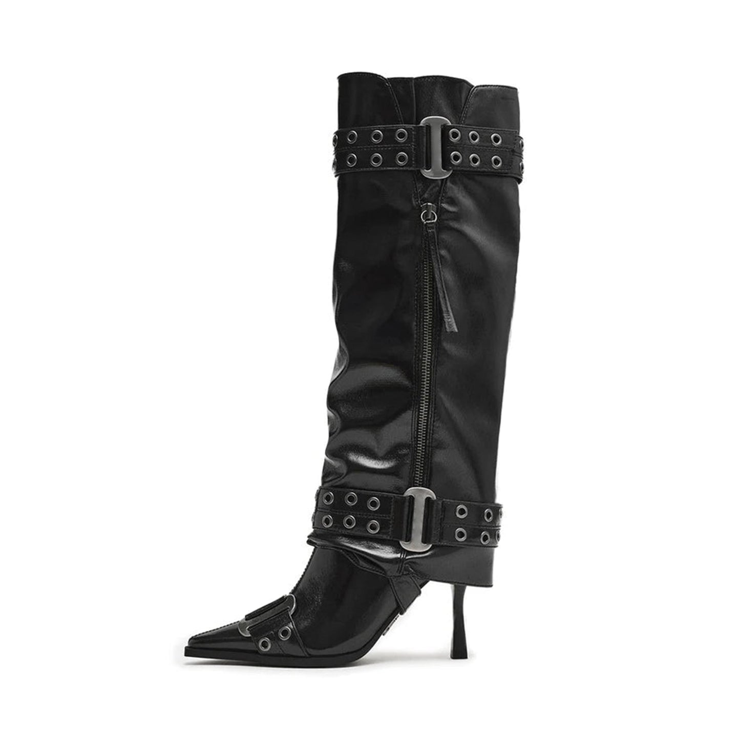 Black Pointed-Toe Half-Zip Buckle Straps With Eyelets Knee High Stiletto Boots
