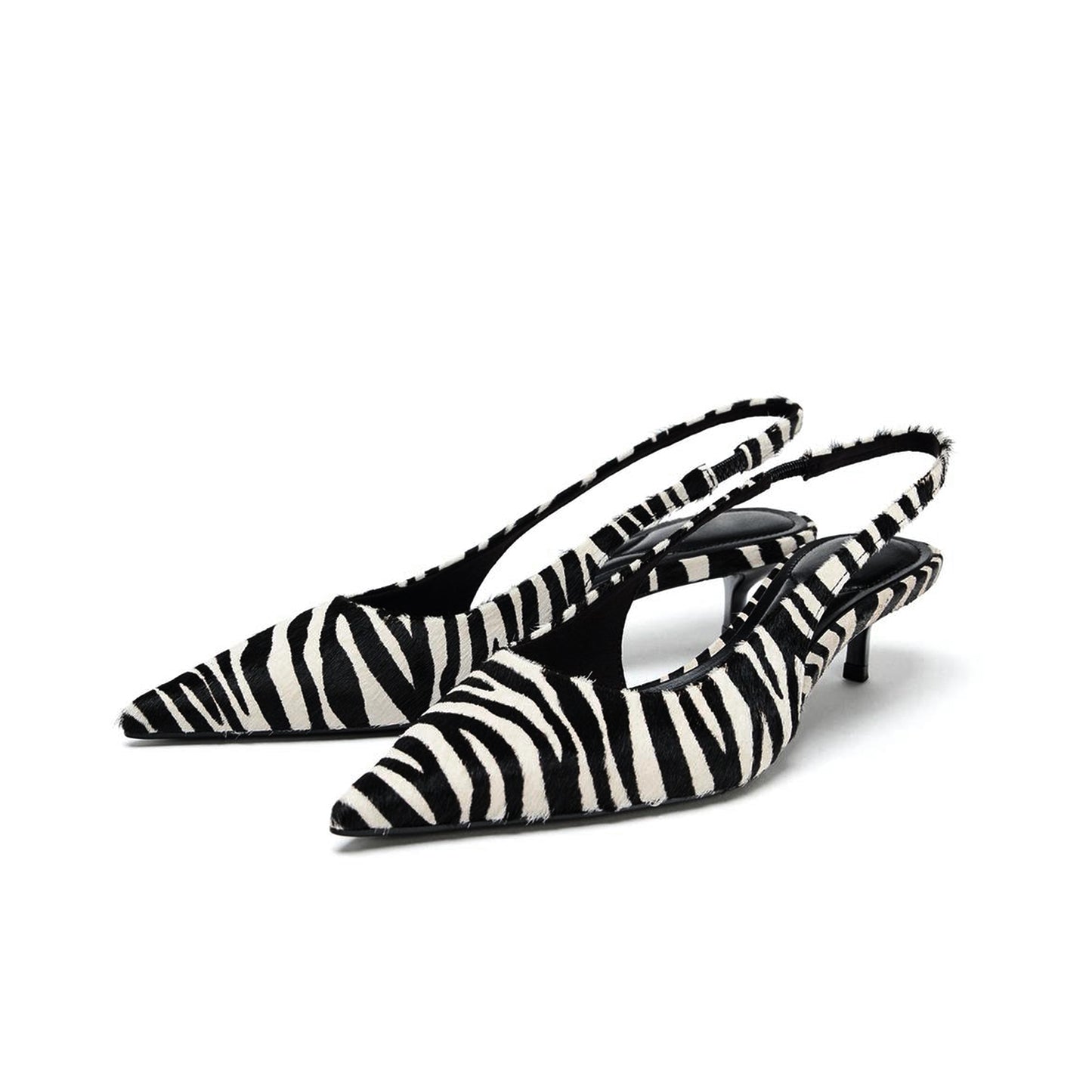 Zebra Print Pony Hair Pointed-Toe Classic Slingback Kitten Heels