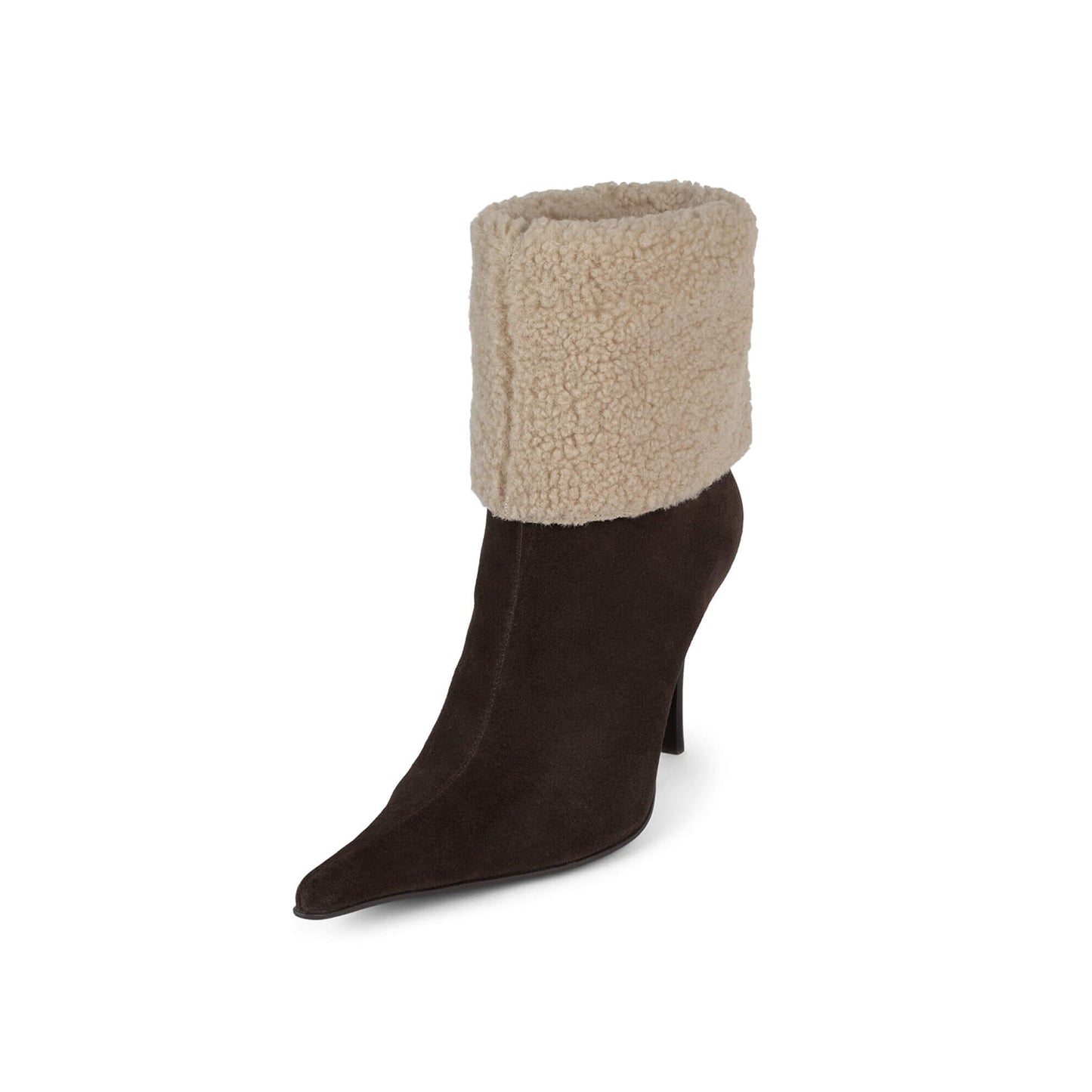 Brown Faux Suede And Plush Pointed-Toe Full-Zip Ankle Stiletto Boots