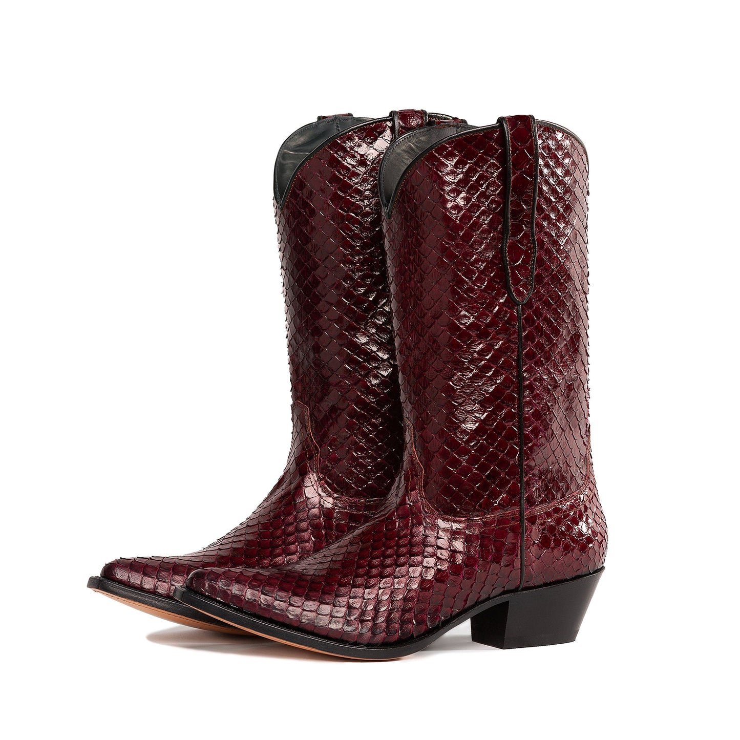 Burgundy Snakeskin Print Snip-Toe Simple Mid Calf Cowgirl Boots
