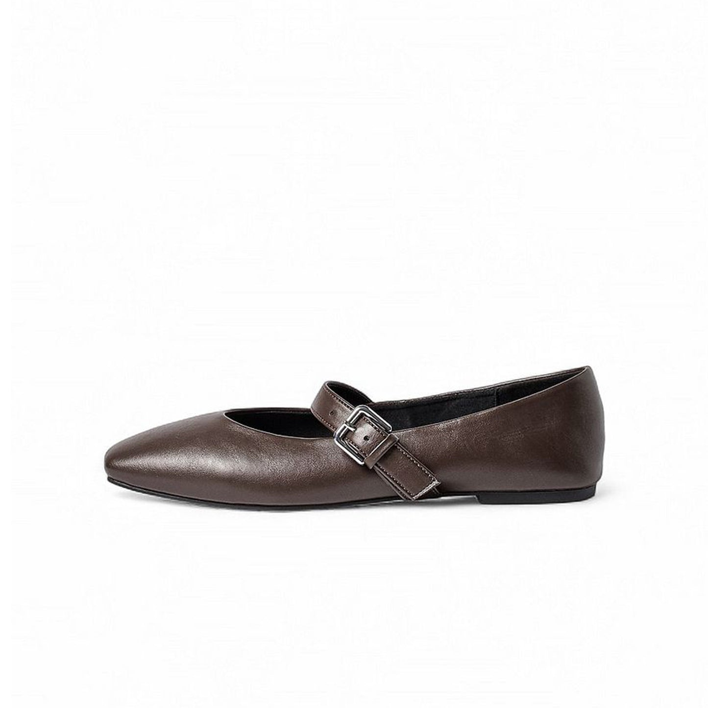 Brown Square-Toe Buckle Mary Jane Ballet Flats