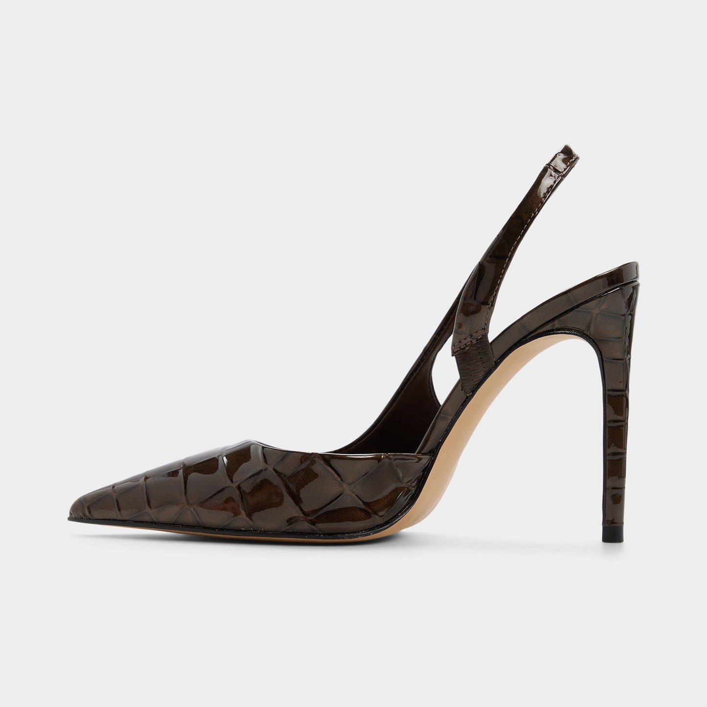 Dark Brown Stone Pattern Patent Leather Pointed-Toe Back Strap High Heels