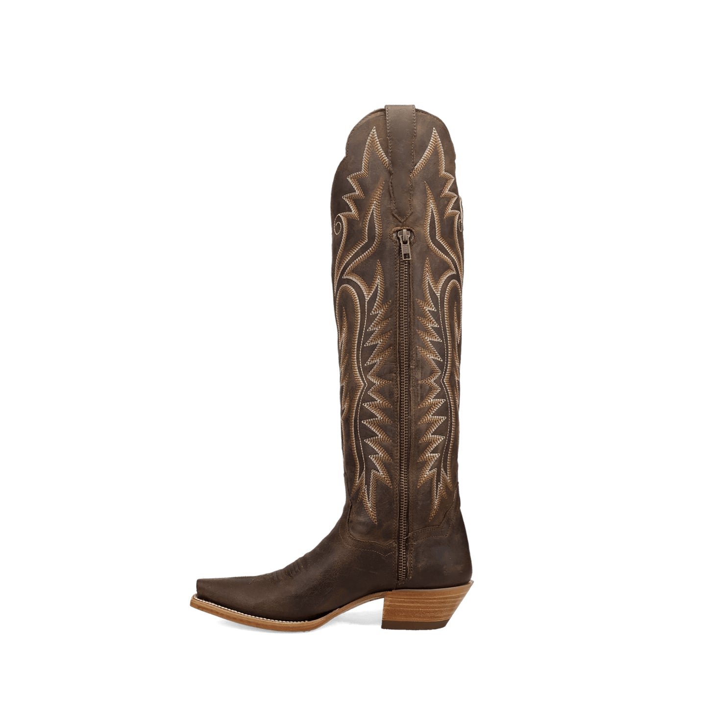 Brown Snip-Toe Side Fringe And Embroidery Full-Zip Knee High Cowgirl Boots