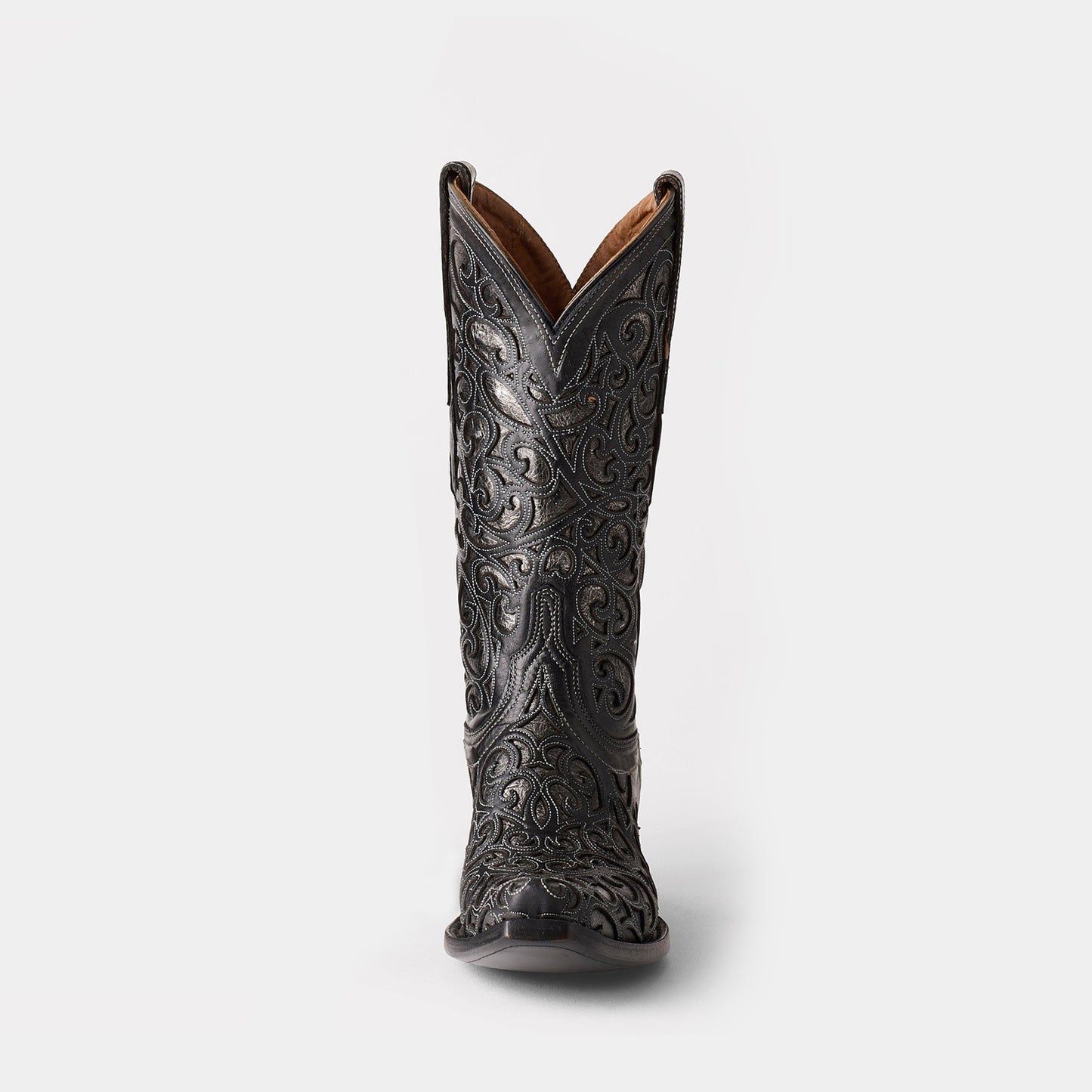 Black Snip-Toe Metallic Silver Inlays Chic Mid Calf Cowgirl Boots