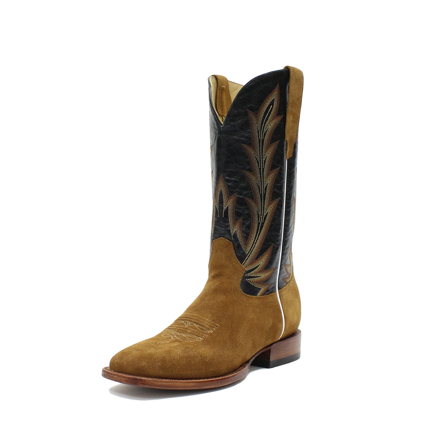 Contrast Black And Brown Square-Toe Embroidery Mid Calf Cowgirl Boots
