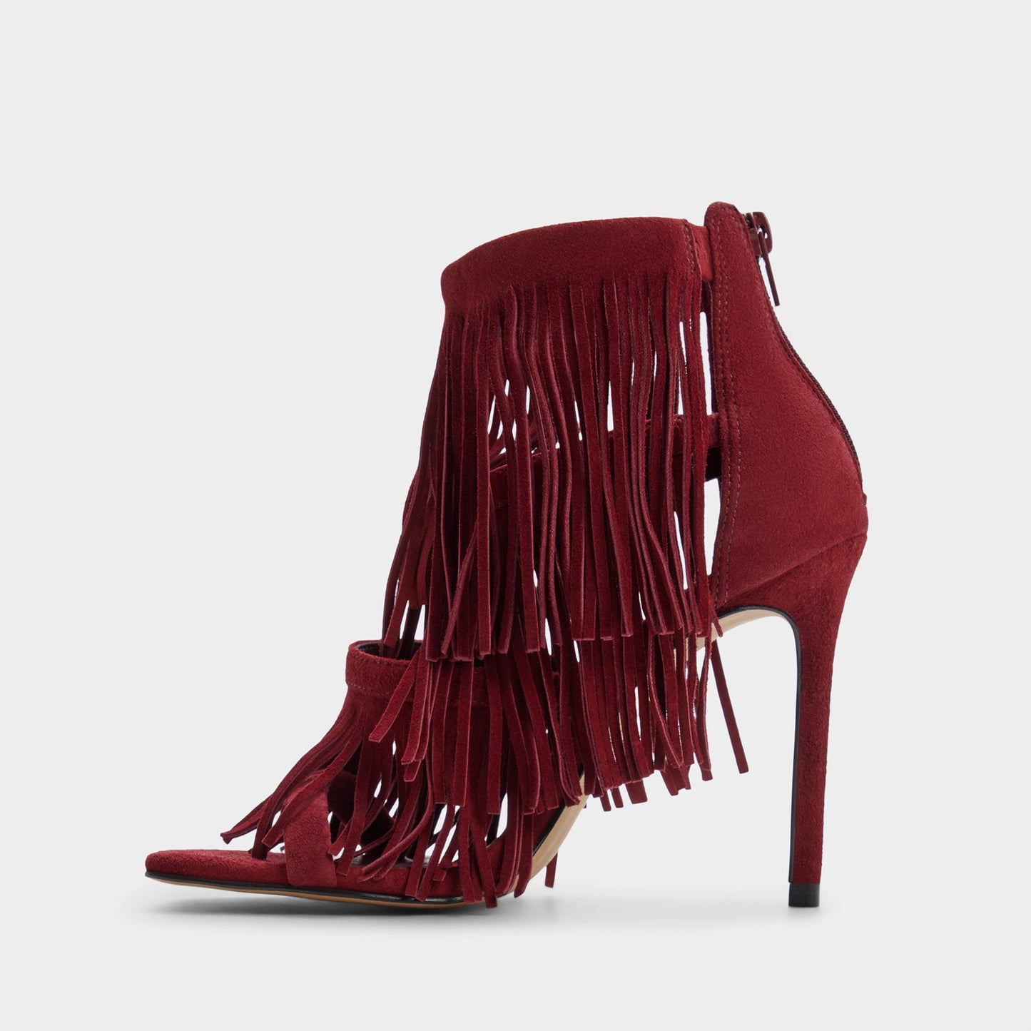Burgundy Faux Suede Square-Toe Fringe And Strappy Back-Zip High Heels