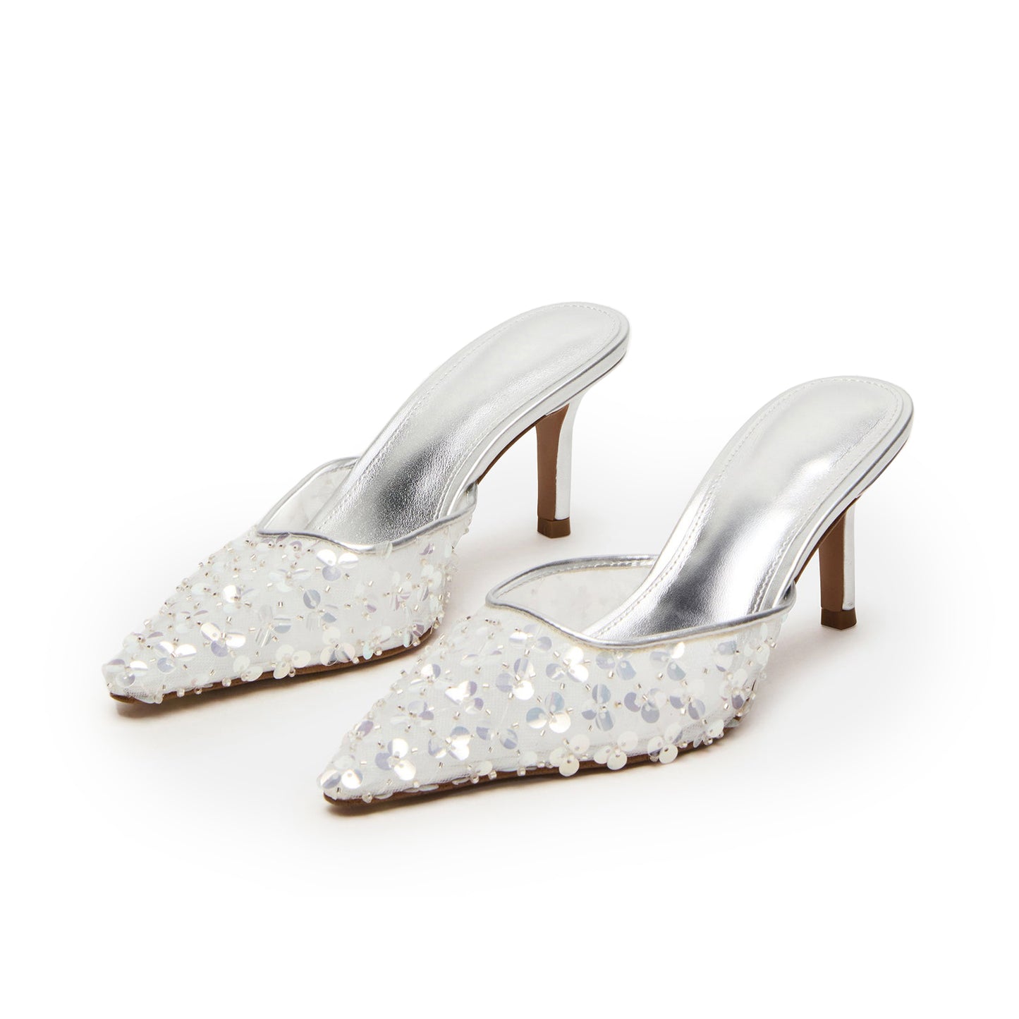 Metallic Silver Sequins Mesh Pointed-Toe Backless High Heels