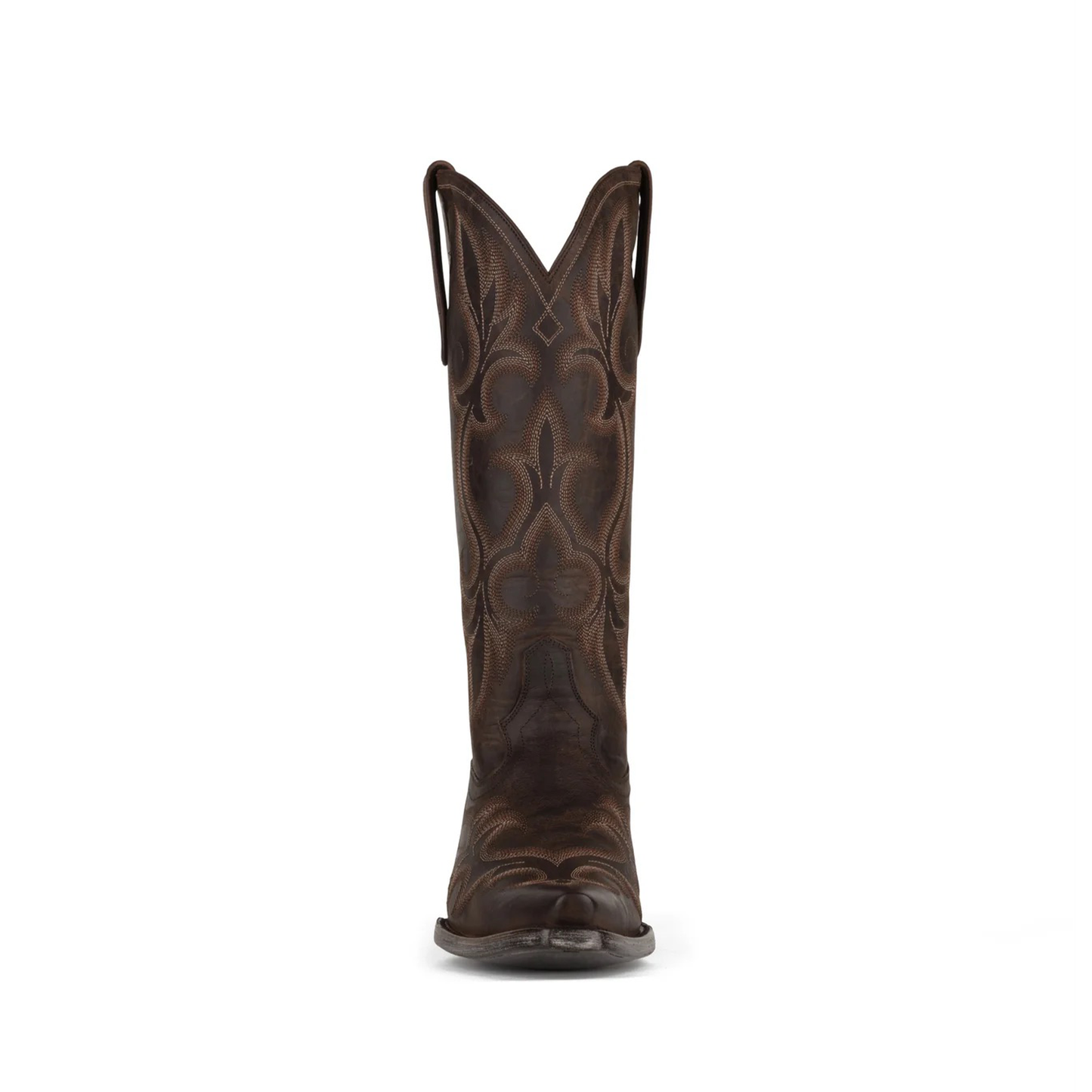 Distressed Chocolate Snip-Toe Western Embroidery Classic Mid Calf Cowgirl Boots
