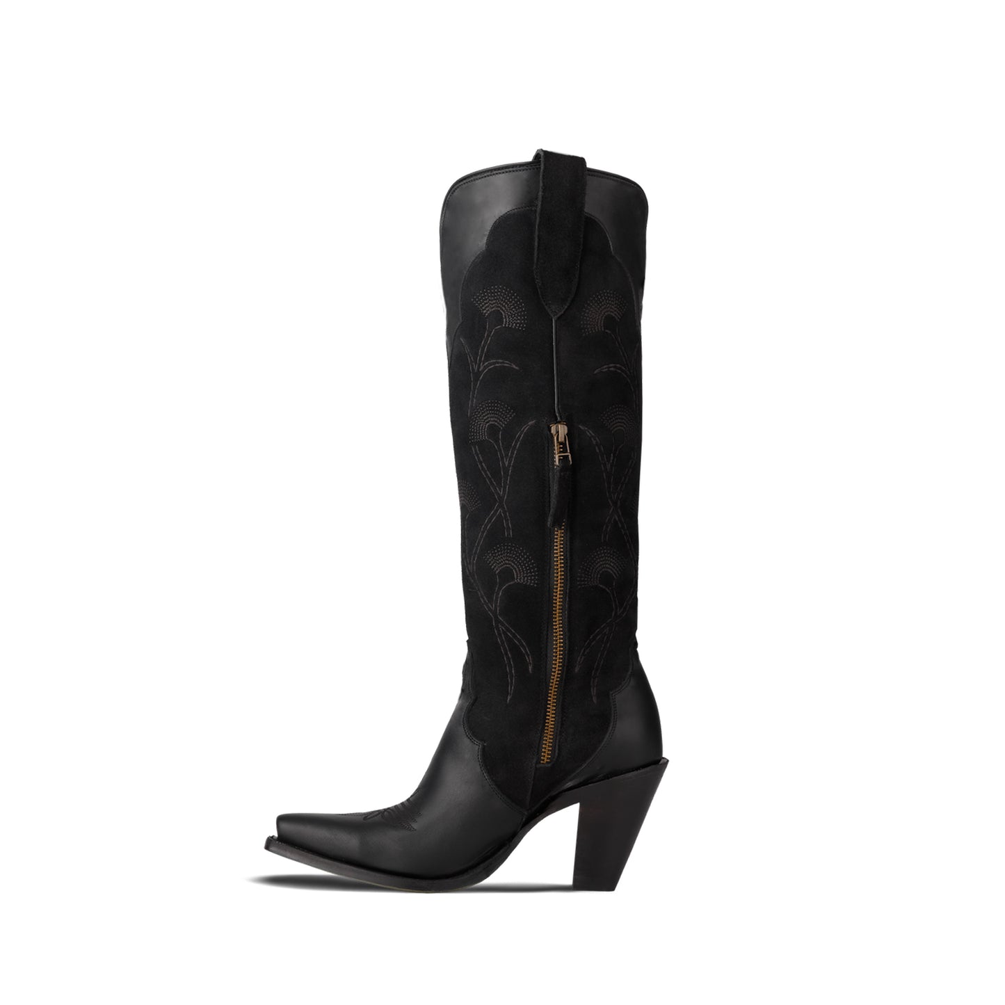 Black Contrast Faux Suede And Vegan Leather Snip-Toe Floral Embroidery Half-Zip Knee High Cowgirl Boots