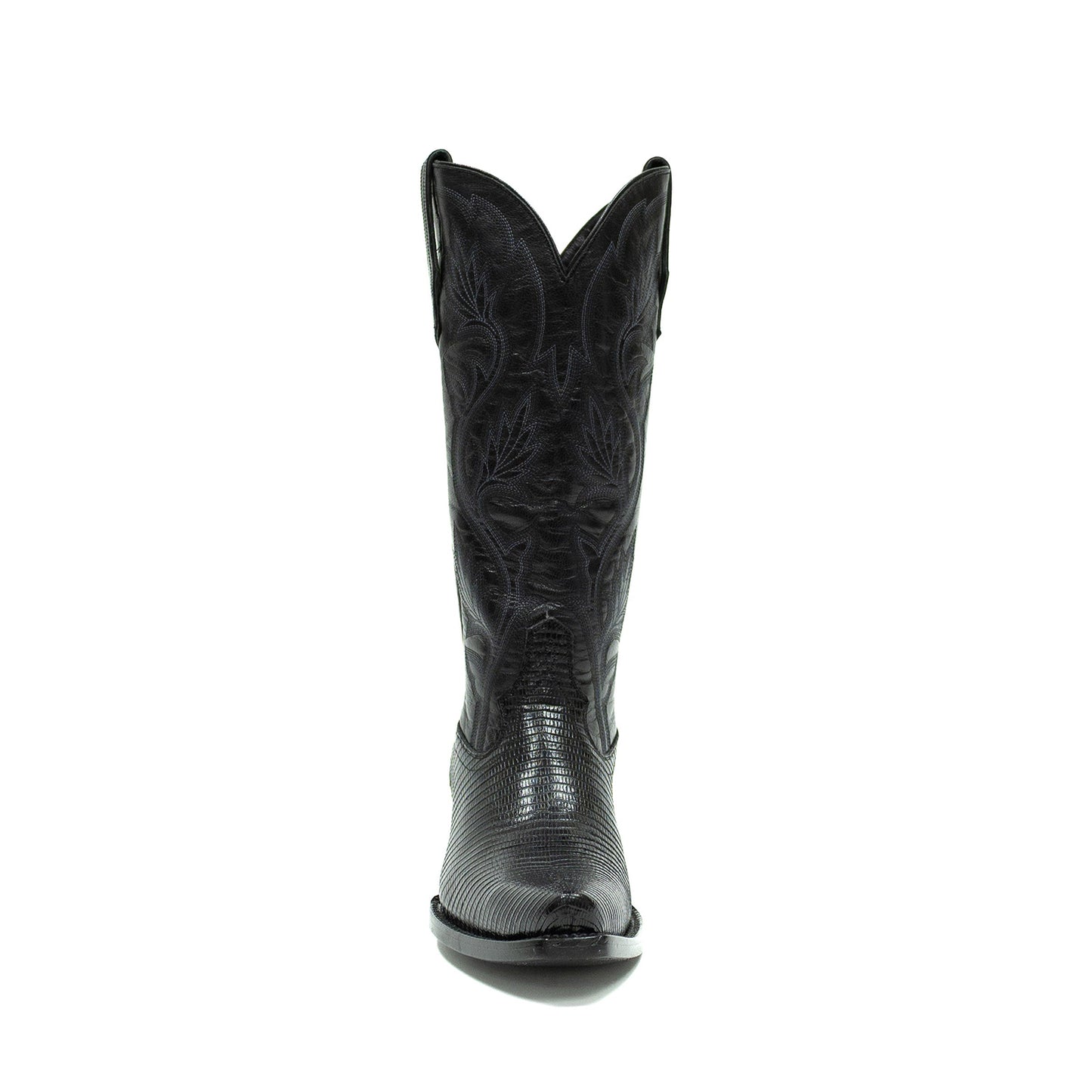 Black Contrast Vegan Leather And Lizard Print Snip-Toe Embroidery Mid Calf Cowgirl Boots