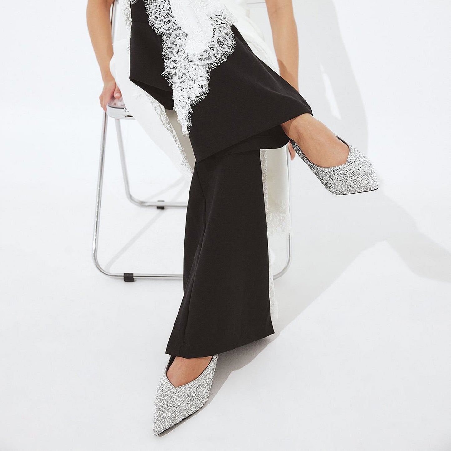 Metallic Silver Pointed-Toe All Sequin Slip-On Kitten Heels