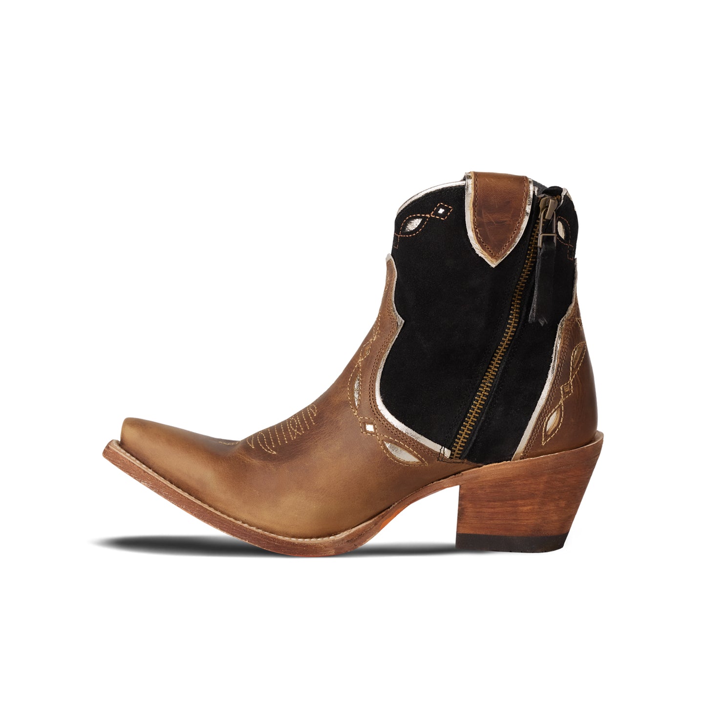 Contrast Brown And Black Faux Suede Snip-Toe Horse Embroidery Full-Zip Ankle Cowgirl Boots