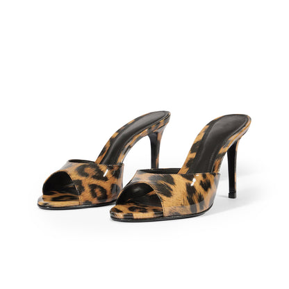 Patent Leopard Round-Toe Slip-On Sandal High Heels