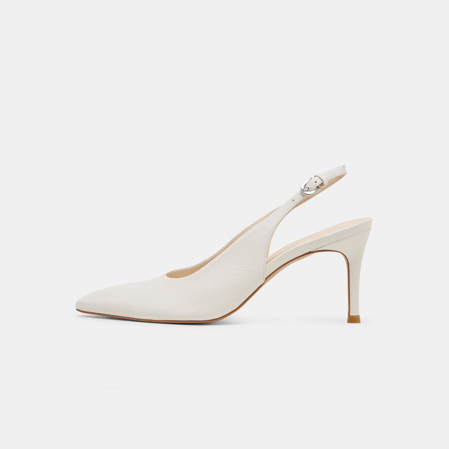 White Classic Pointed-Toe Buckle Slingback Kitten Heels