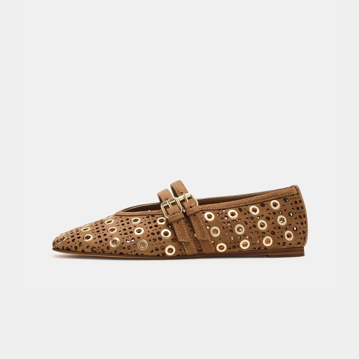 Taupe Faux Suede Square-Toe Cutout And Eyelets Double Mary Jane Flats
