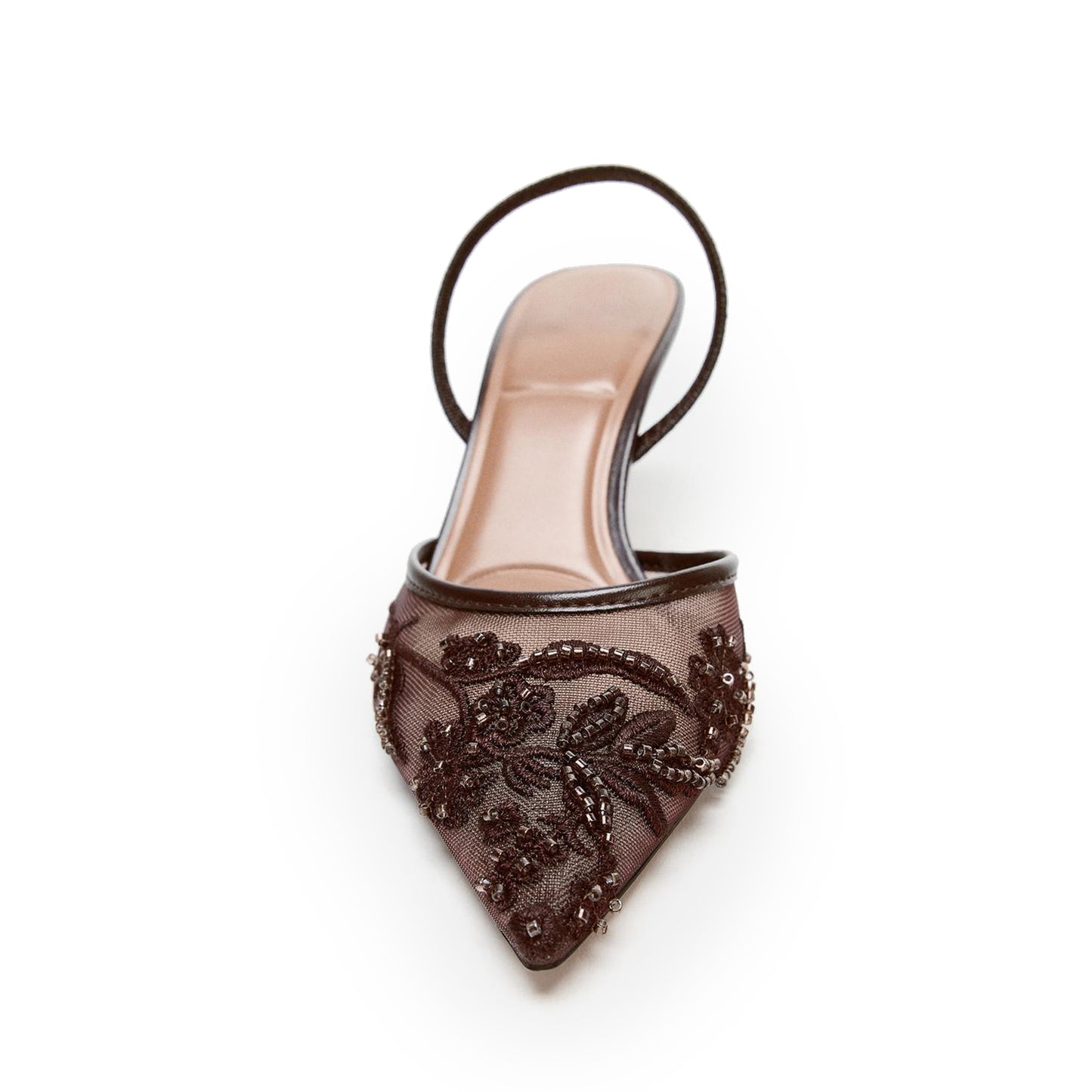 Brown Mesh Pointed-Toe Embroidery With Metal And Slingback Kitten Heels