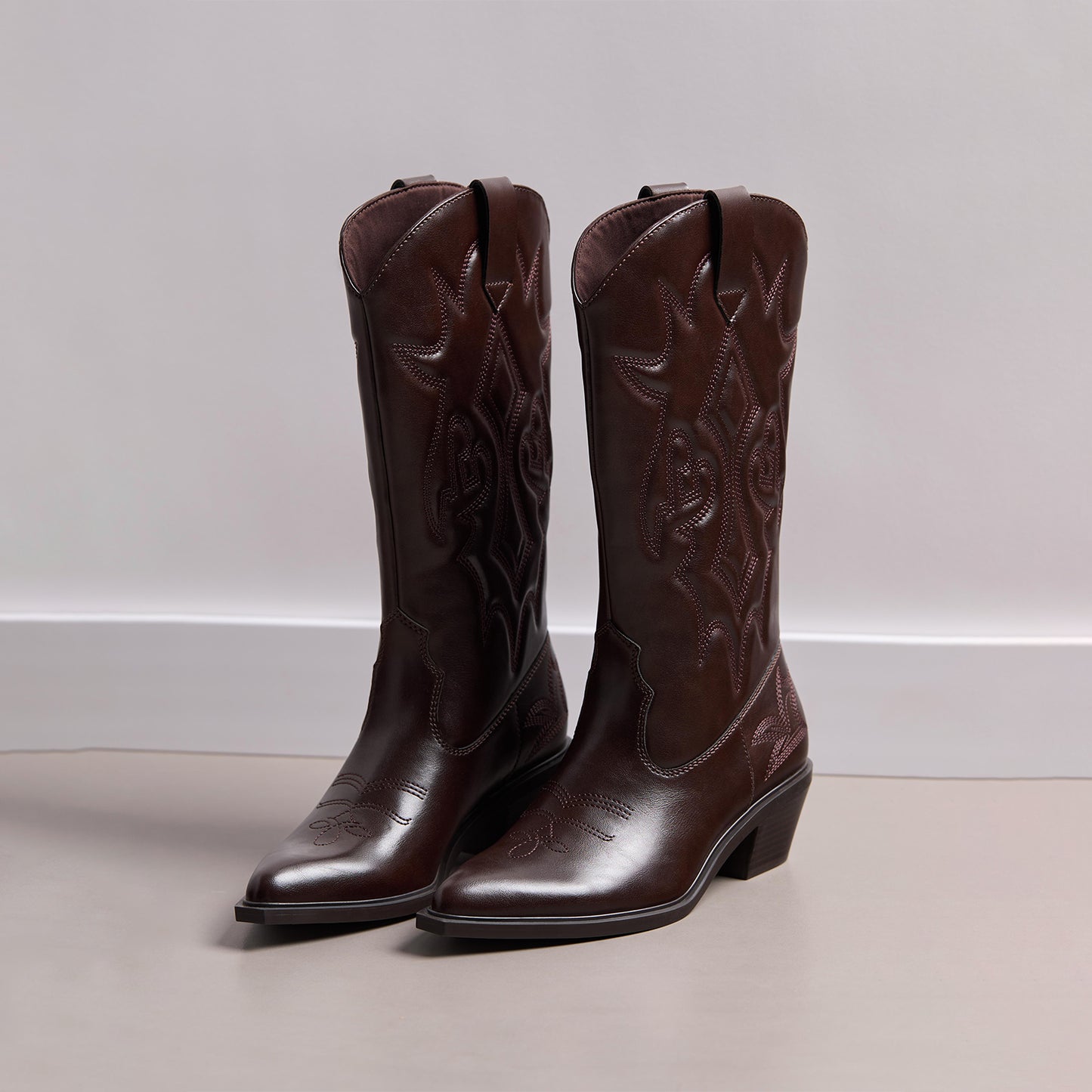 Brown Almond-Toe Chic Stitch Mid Calf Classic Cowgirl Boots