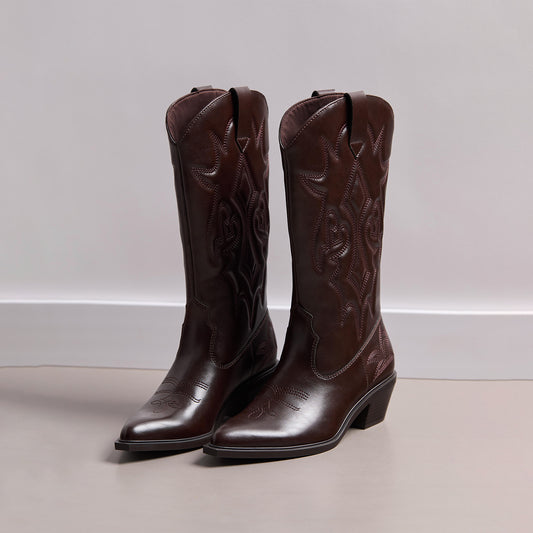Brown Almond-Toe Chic Stitch Mid Calf Classic Cowgirl Boots