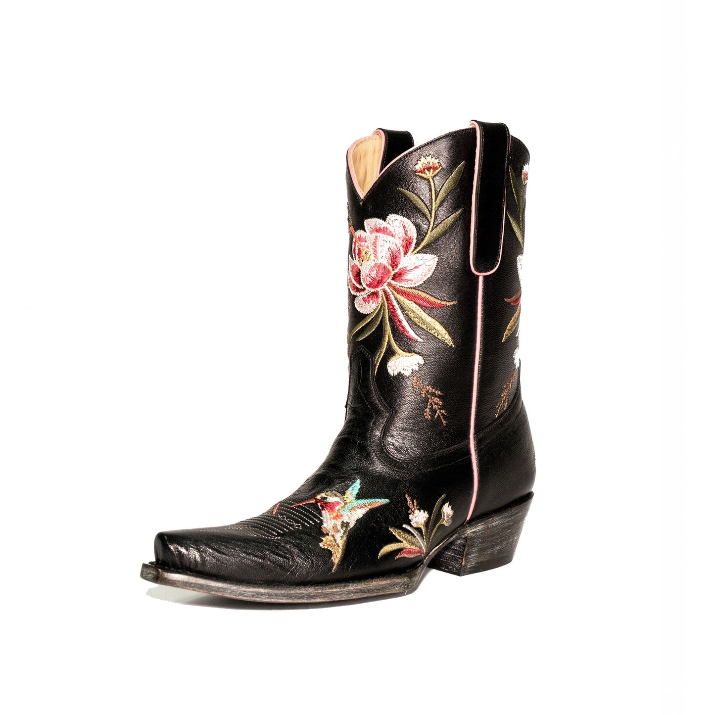 Black Snip-Toe Vivid Flowers And Bird Embroidery Ankle Cowgirl Boots