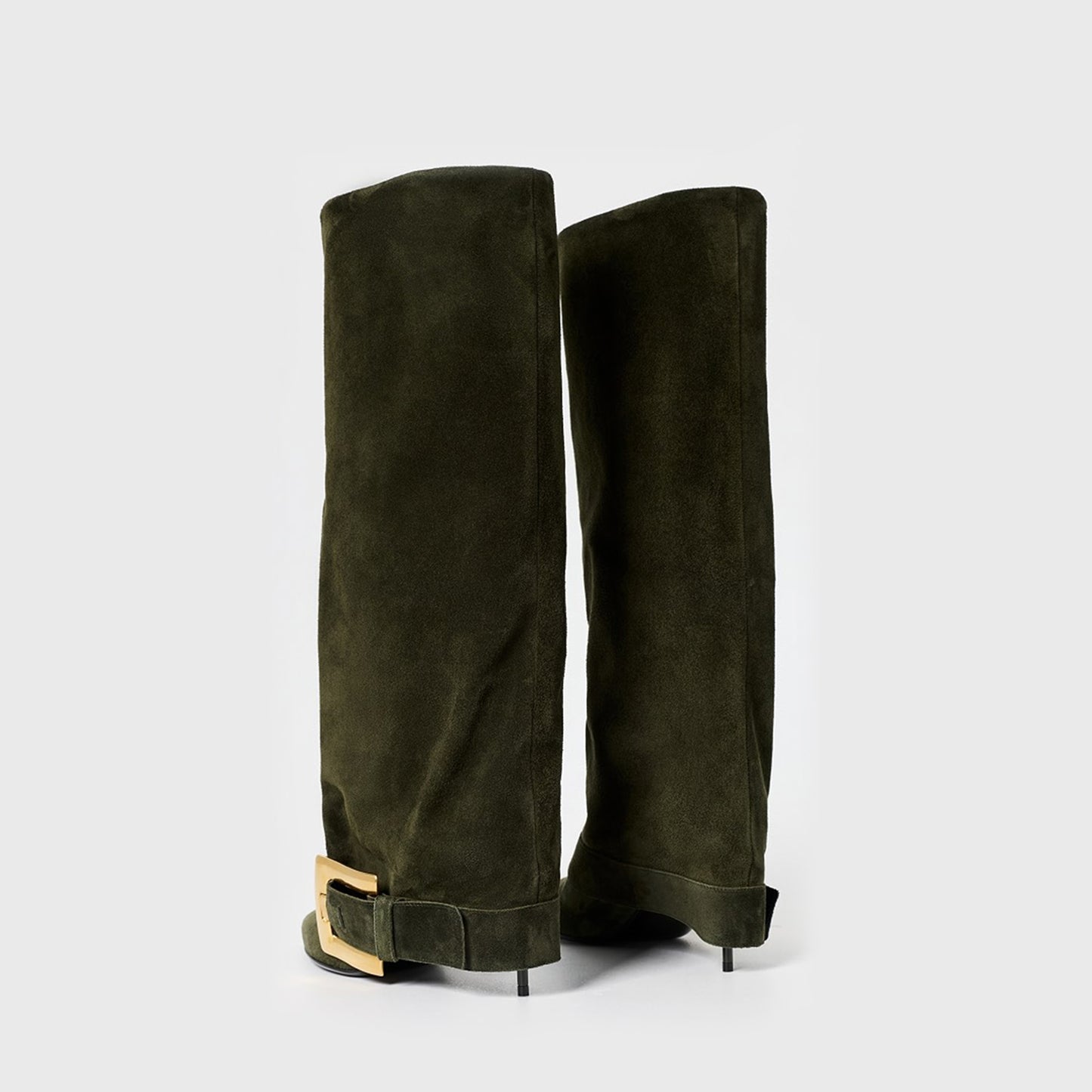 Khaki Faux Suede Pointed-Toe Bottom Buckle Fold-Over Wide Calf Knee High Stiletto Boots