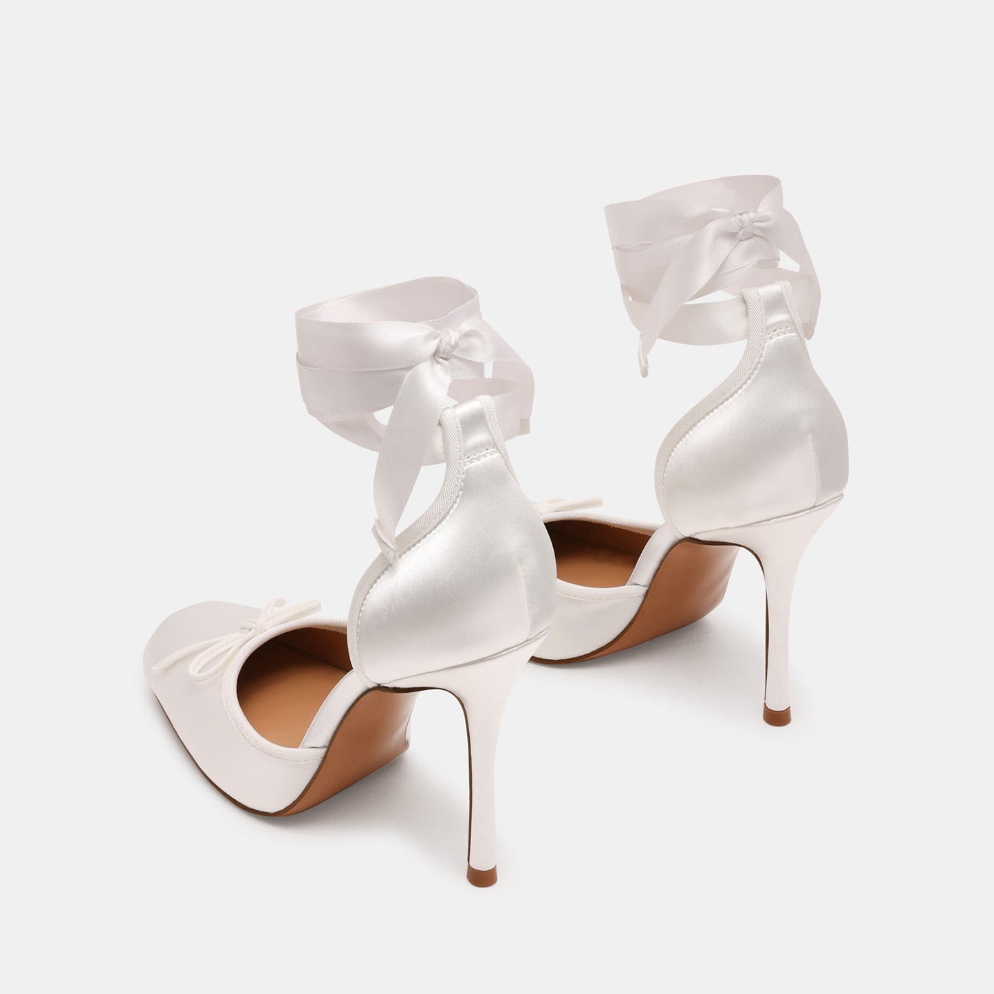 Ivory Satin Square-Toe Front Bow Ankle Strap Slip-On High Heels