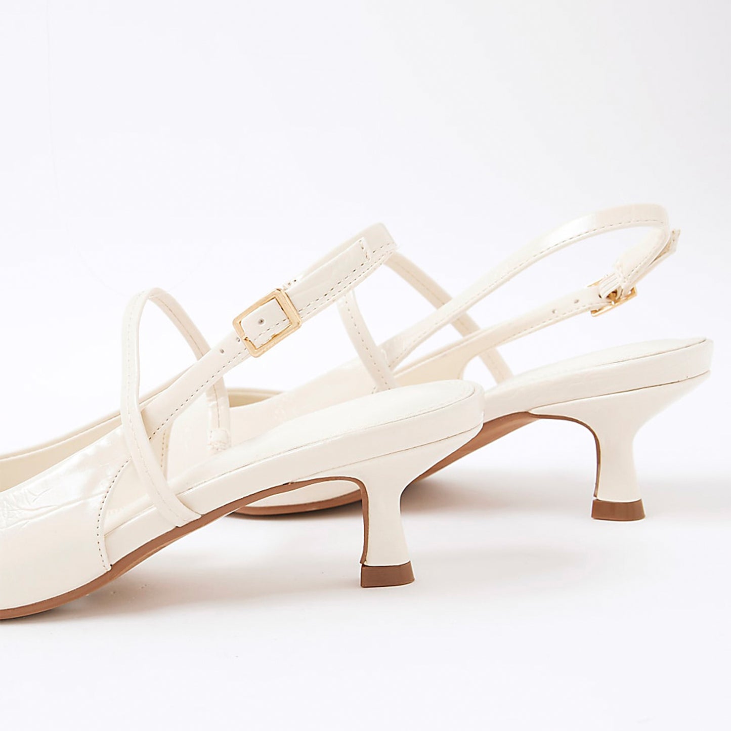 Cream Stone-Print Pointed-Toe Strappy Slingback Kitten Heels