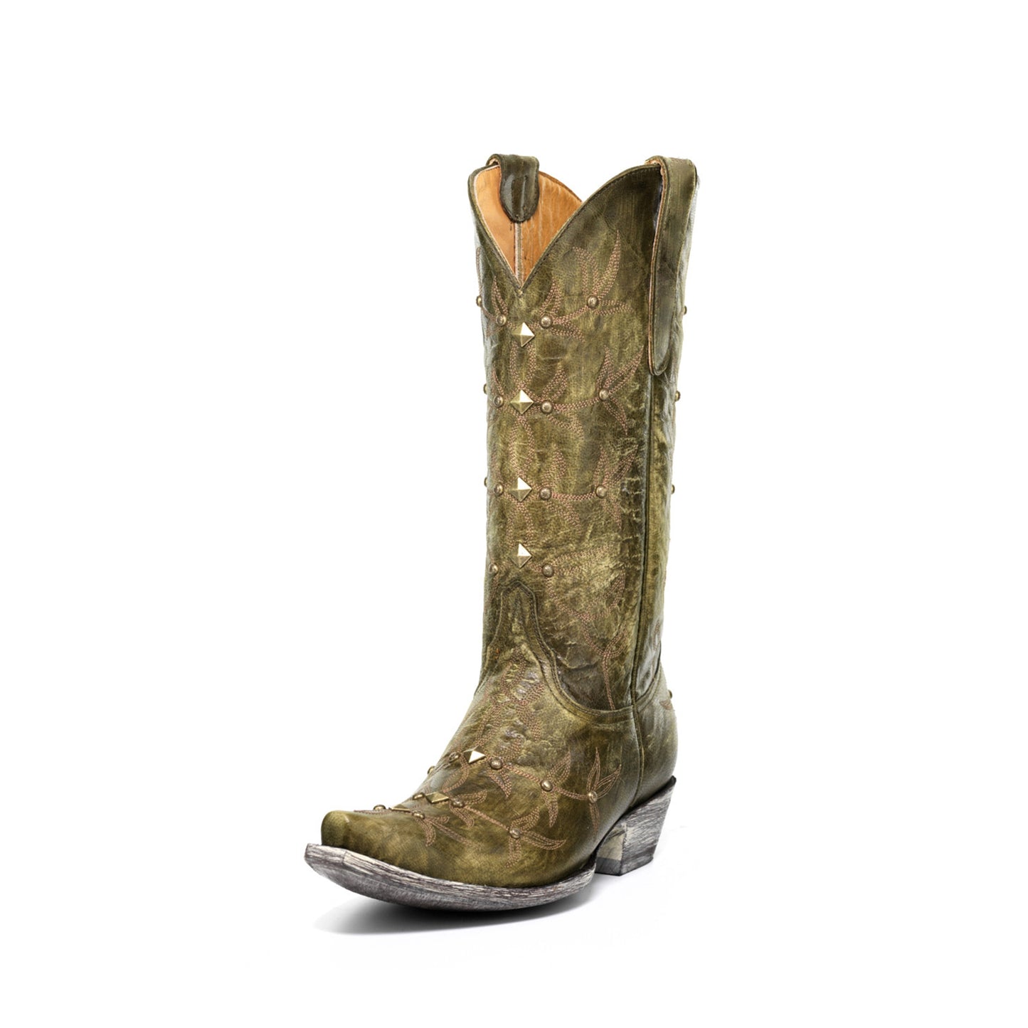 Green Snip-Toe Studs And Embroidery Mid Calf Chic Cowgirl Boots