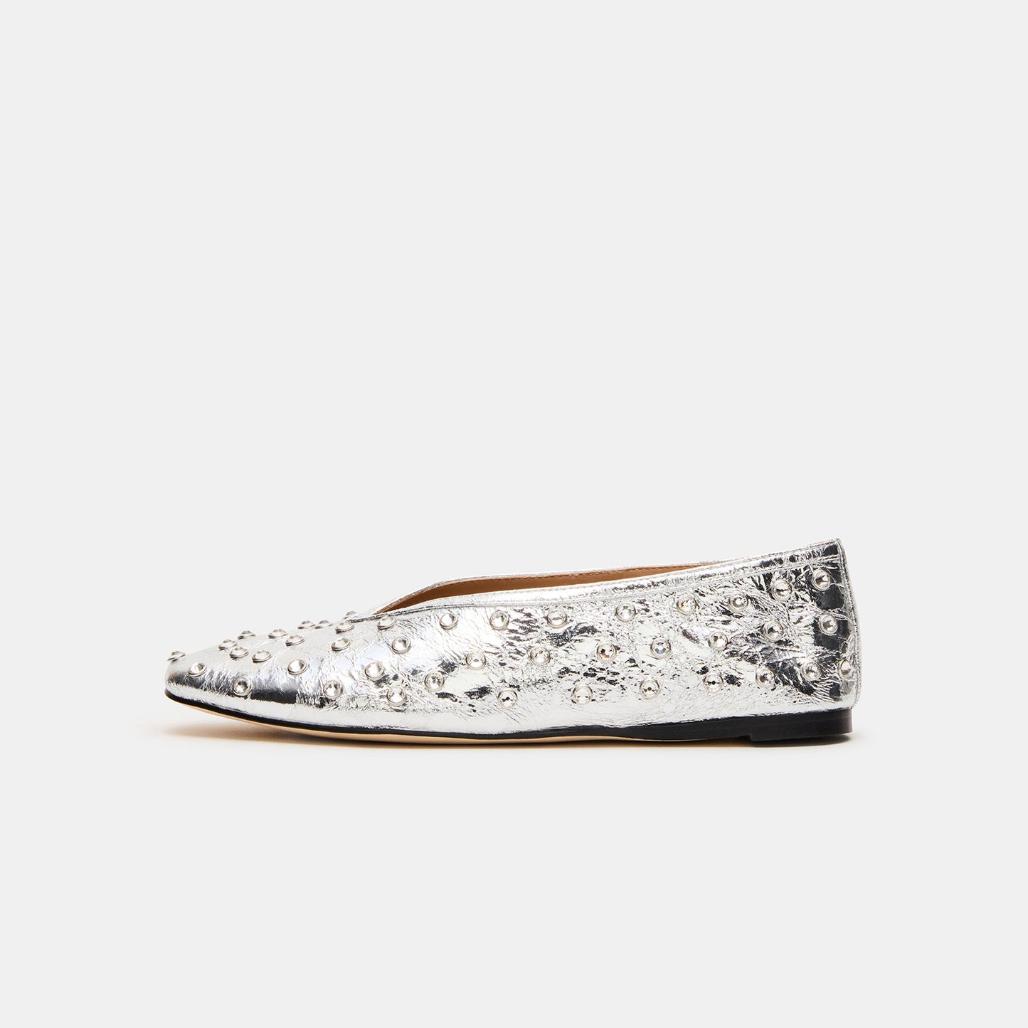 Metallic Silver Elegant Square-Toe Rhinestone Slip-On Flats