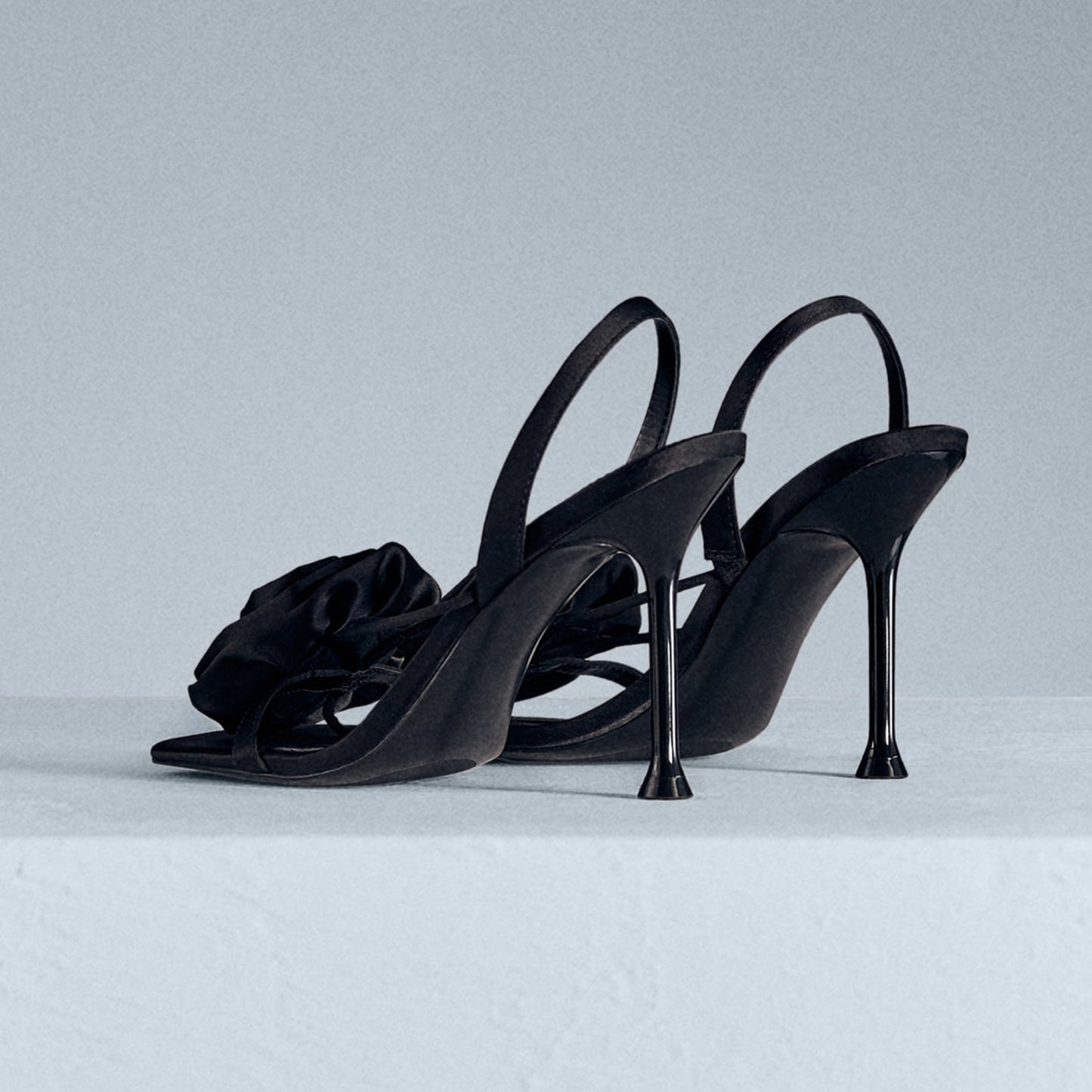 Black Satin Square-Toe Big Front Flower Slingback High Heels