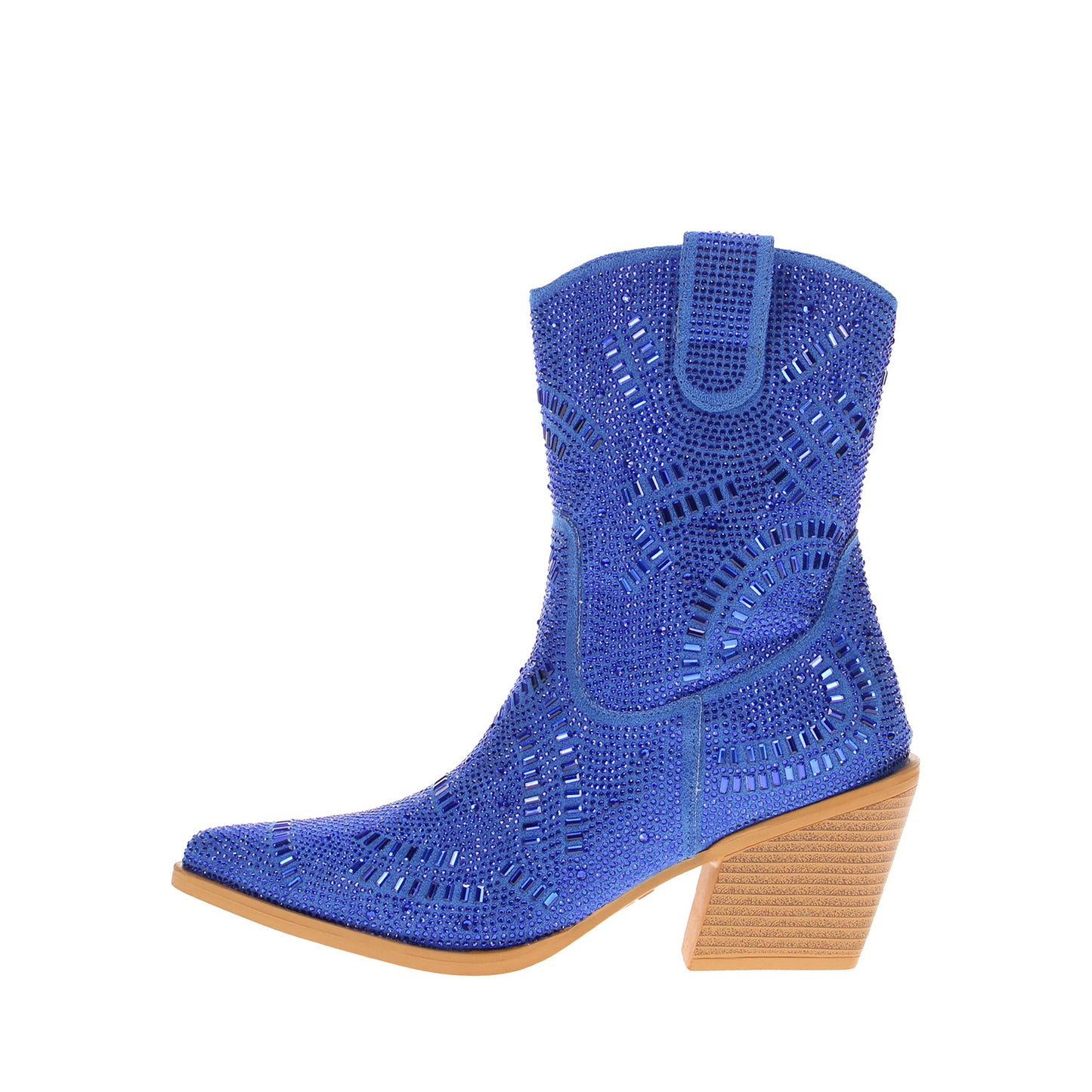 Blue Faux Suede Pointed-Toe Full Crystals Full-Zip Ankle Cowgirl Boots