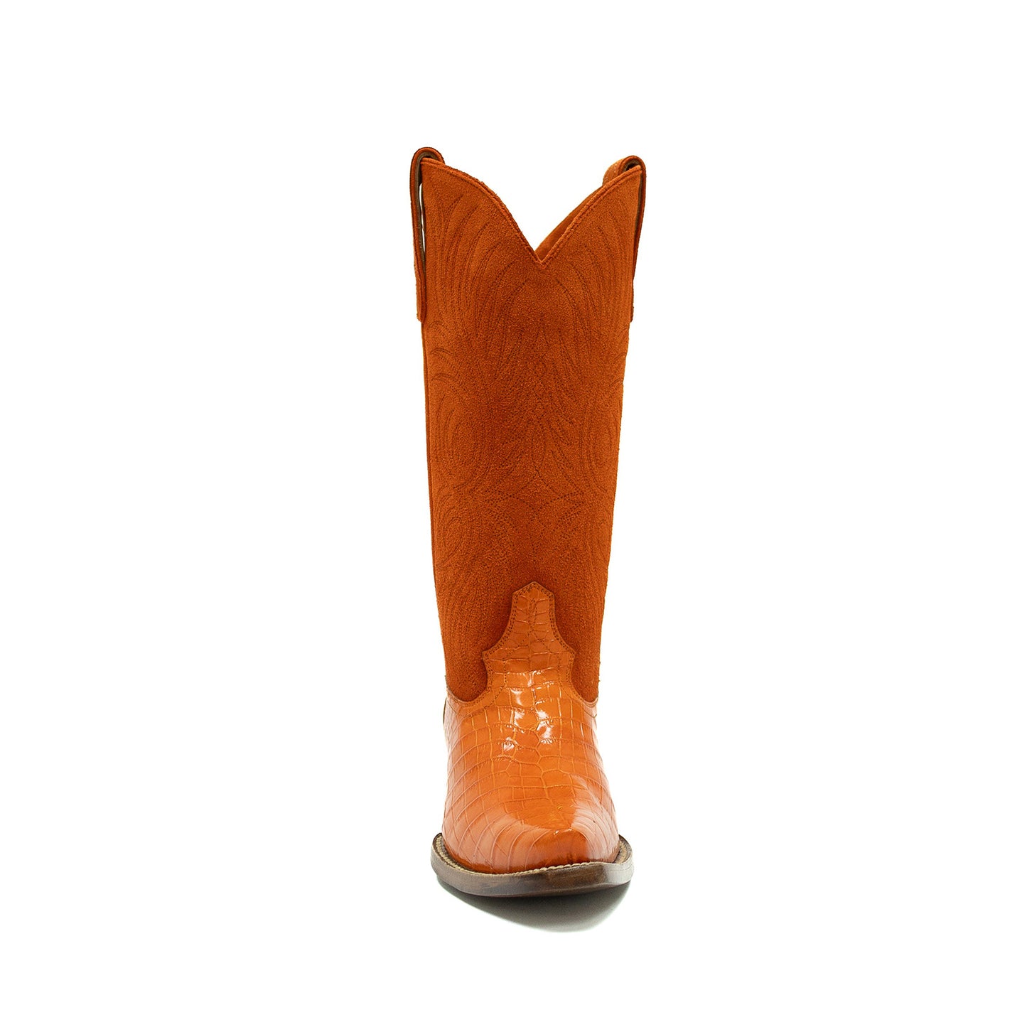 Orange Contrast Faux Suede And Crocodile Print Snip-Toe Embroidery Mid Calf Cowgirl Boots